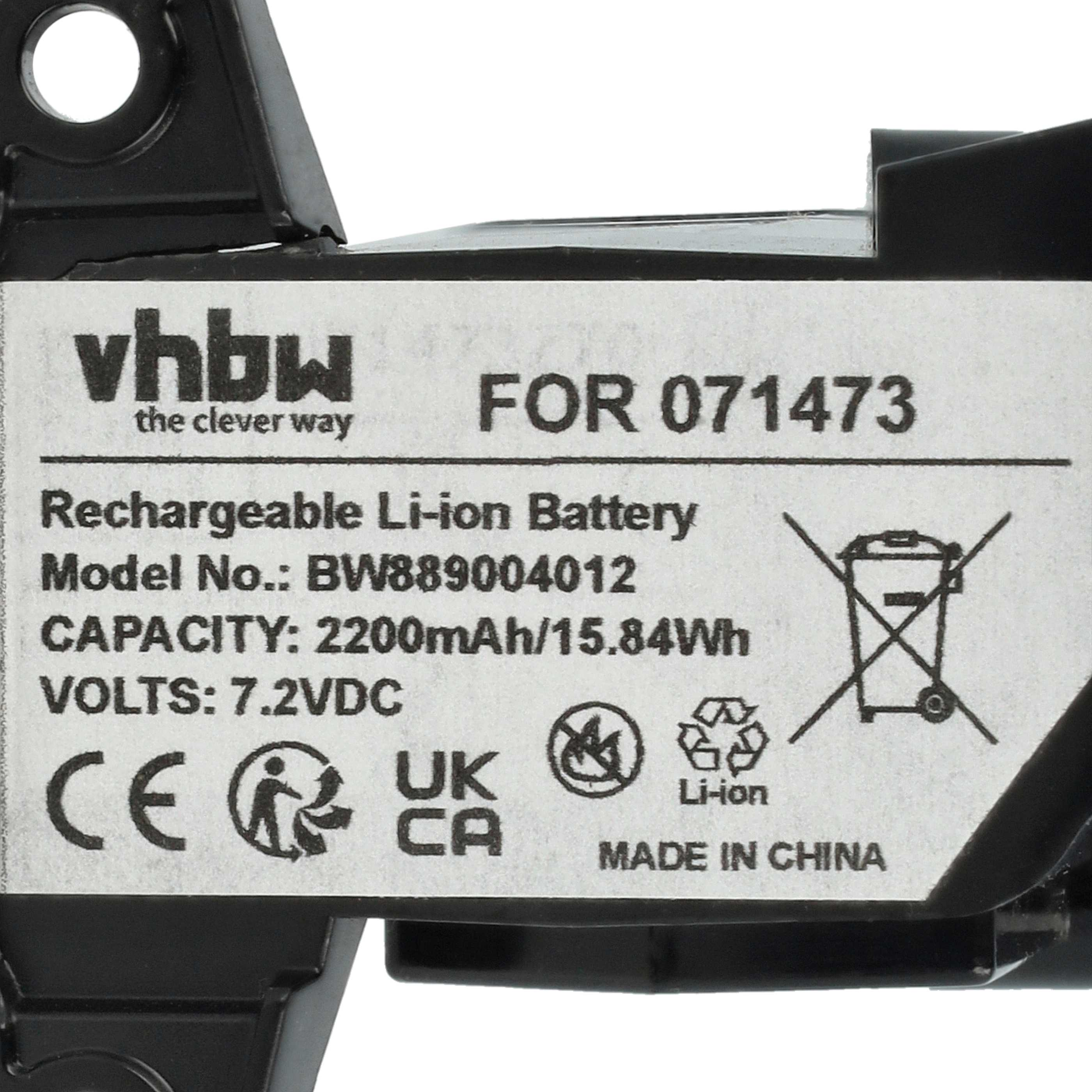 Ein Batterieetikett mit Text 'Rechargeable Li-ion Battery', Modell- und Kapazitätsinformationen und einem Recyclingsymbol auf schwarzem Kunststoff.