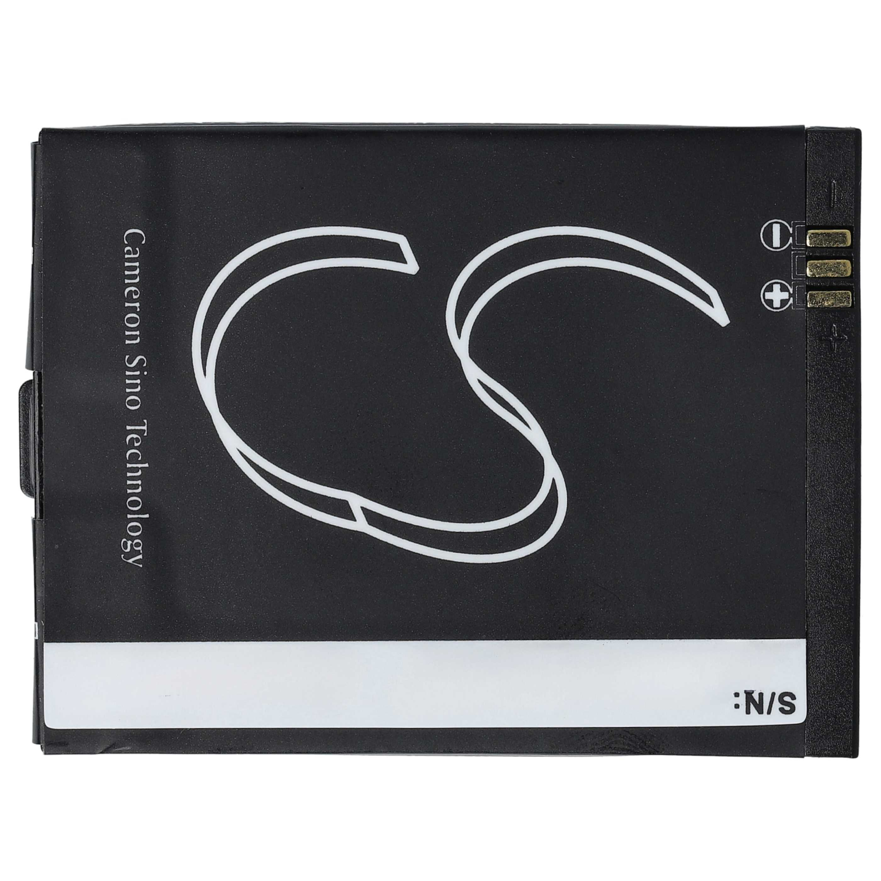 Ein schwarzer Akku mit weißem "CS"-Logo, Text von Cameron Sino Technology und einem Seriennummernbereich. Hat Plus/Minus-Symbole.