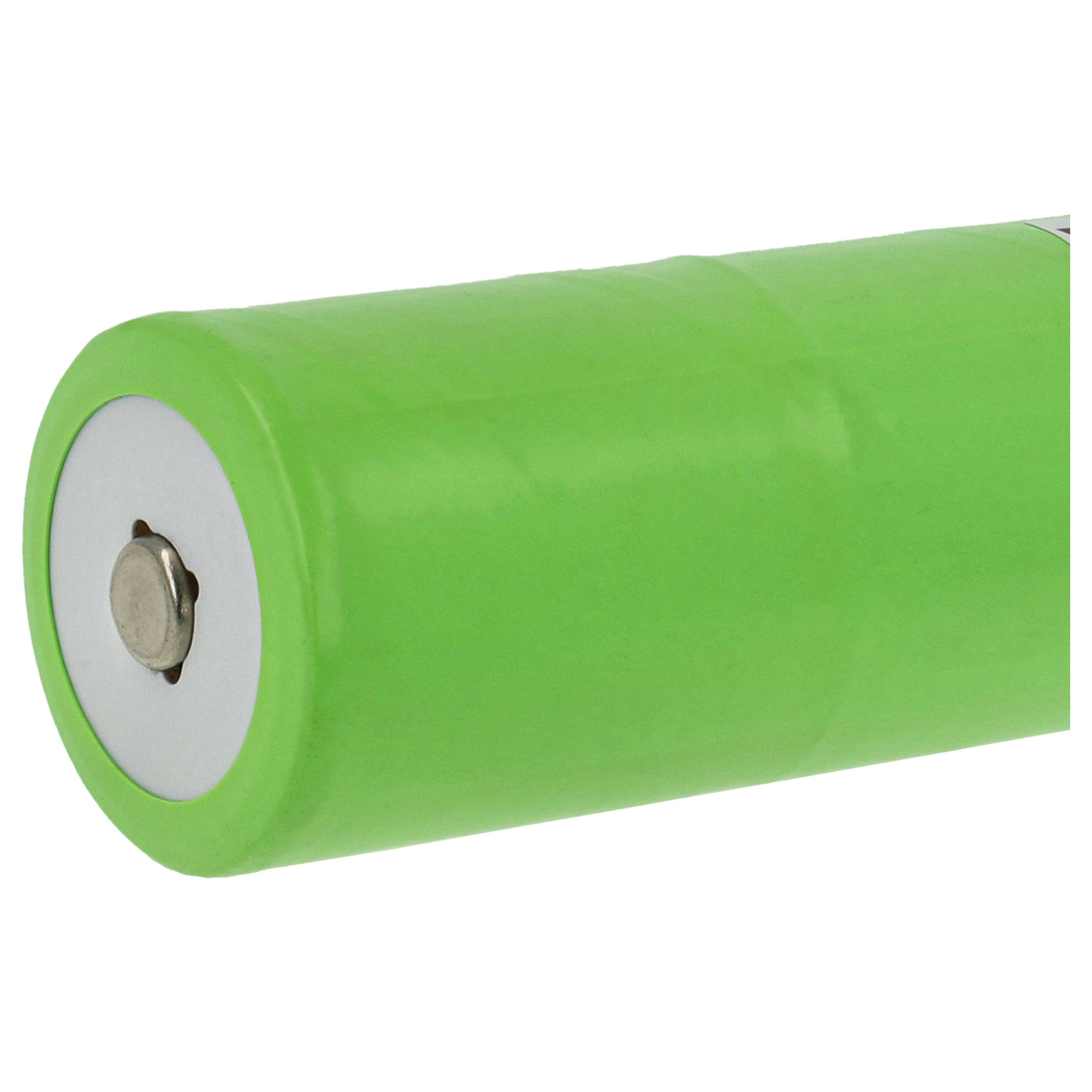 Eine grüne Batterie wird in einem Winkel gezeigt, mit einem silbernen Deckel und einem weißen Ring darum.