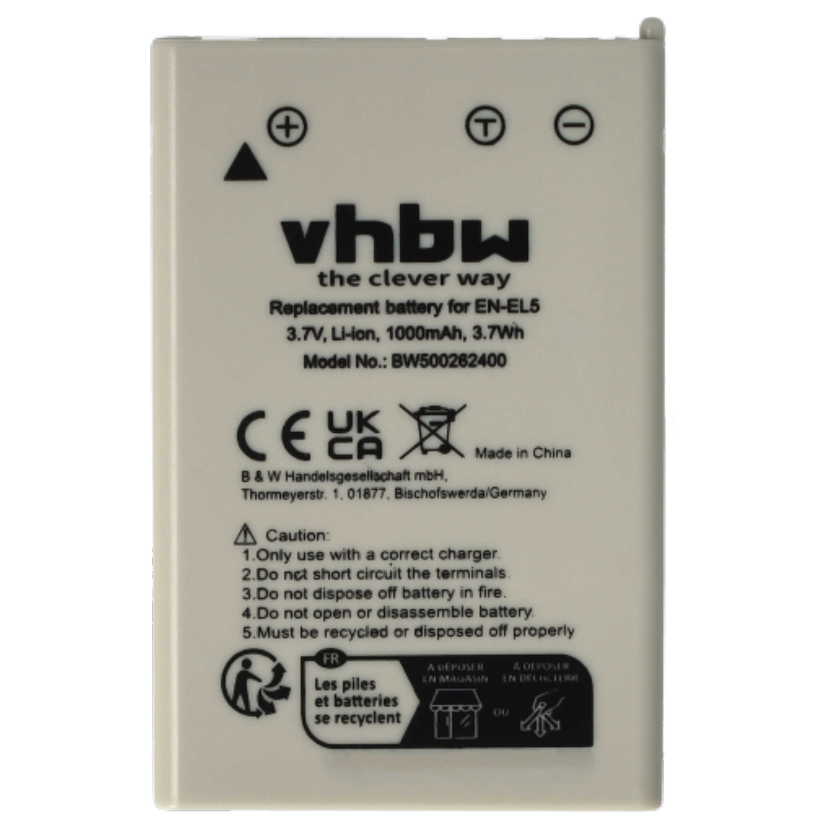 Weißer Akku mit schwarzem Text. Enthält vhbw, Batterietyp und Warnhinweise. Plus-, Minus- und T-Symbole sind sichtbar.