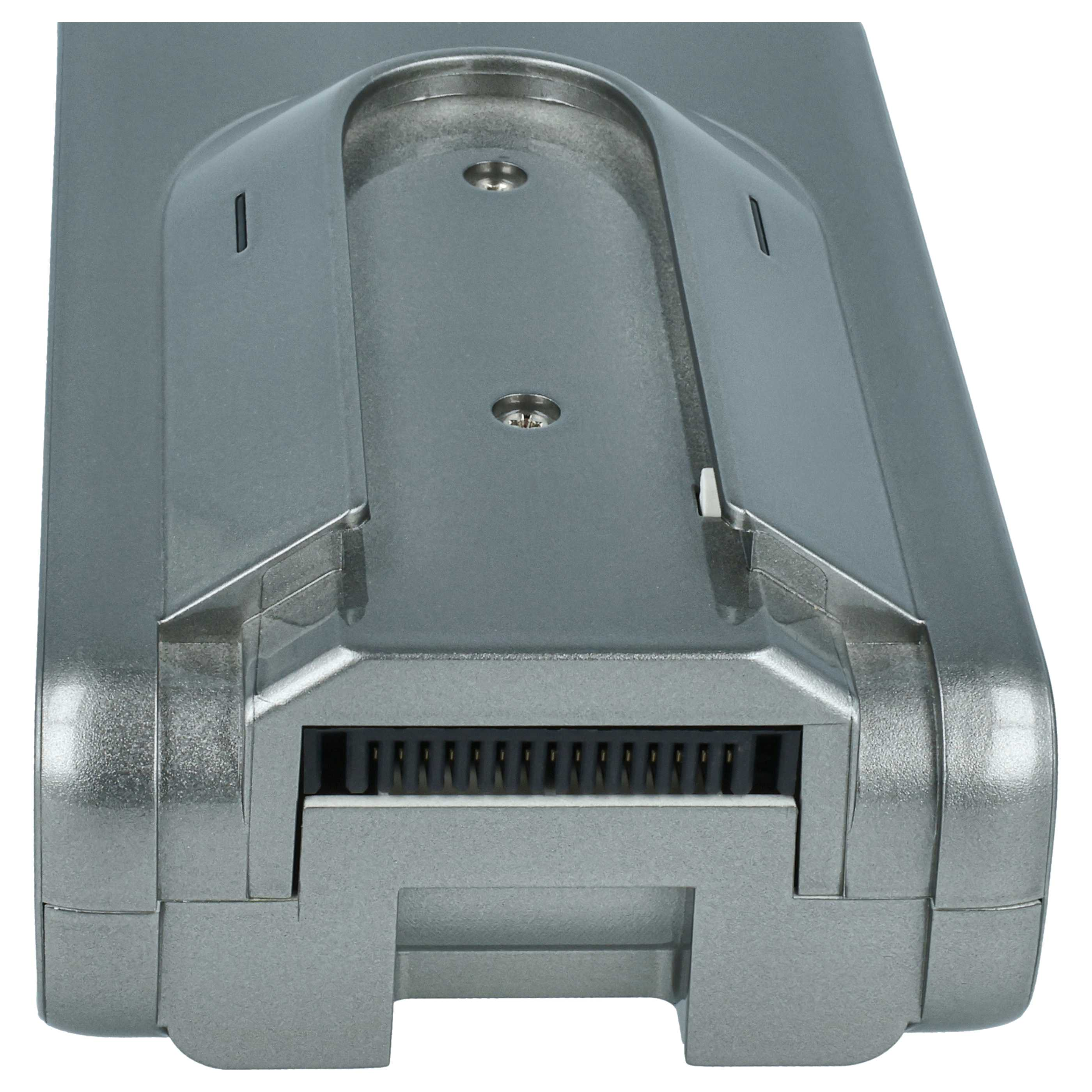 Ein silbergrauer Staubsauger-Akkupack. Er hat einen Stecker mit vielen Stiften und eine gewölbte Oberseite mit Schraubendetails.