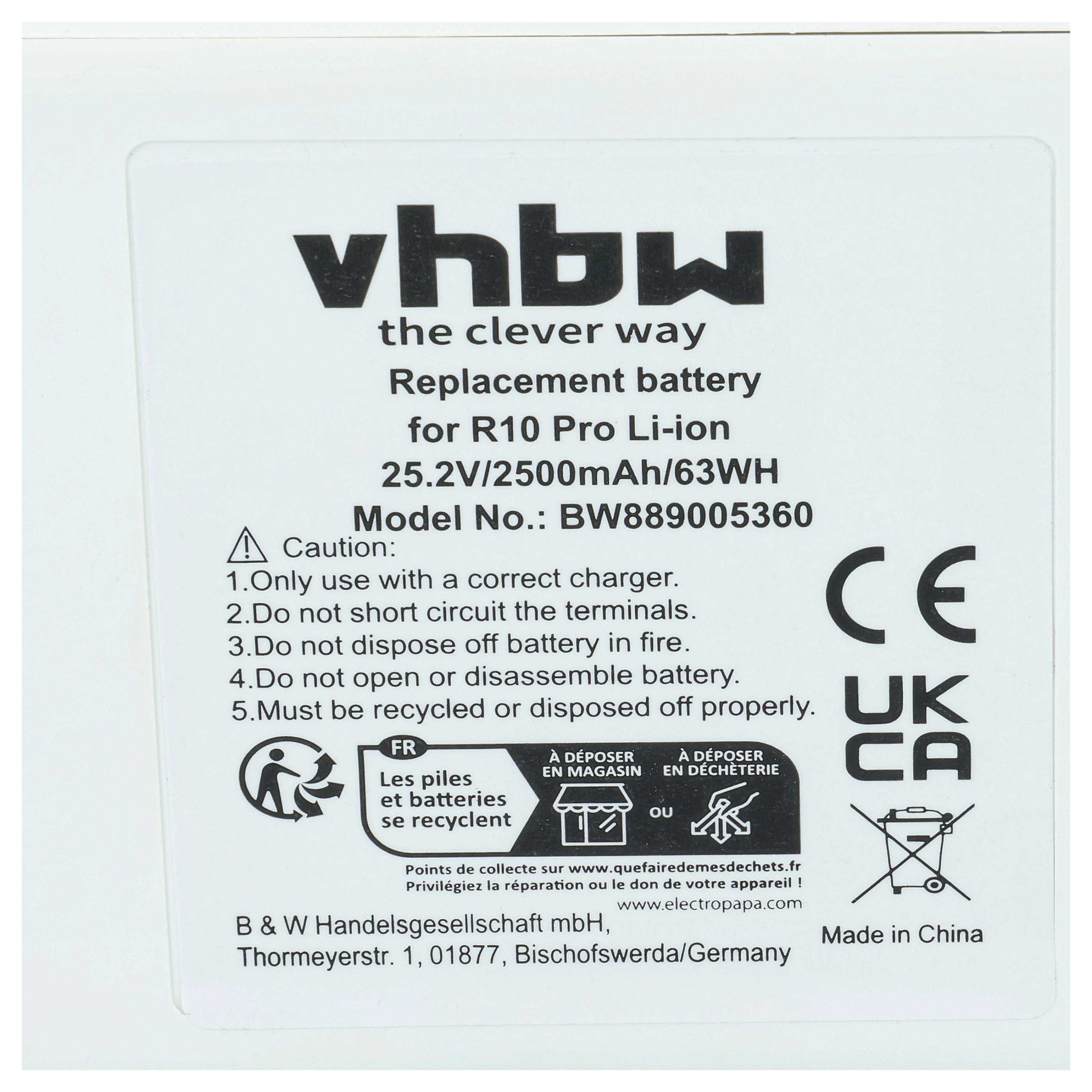 Ein weißes Etikett mit schwarzem Text. Es lautet 'vhbw Ersatzbatterie für R10 Pro Li-ion' und Sicherheitshinweise.