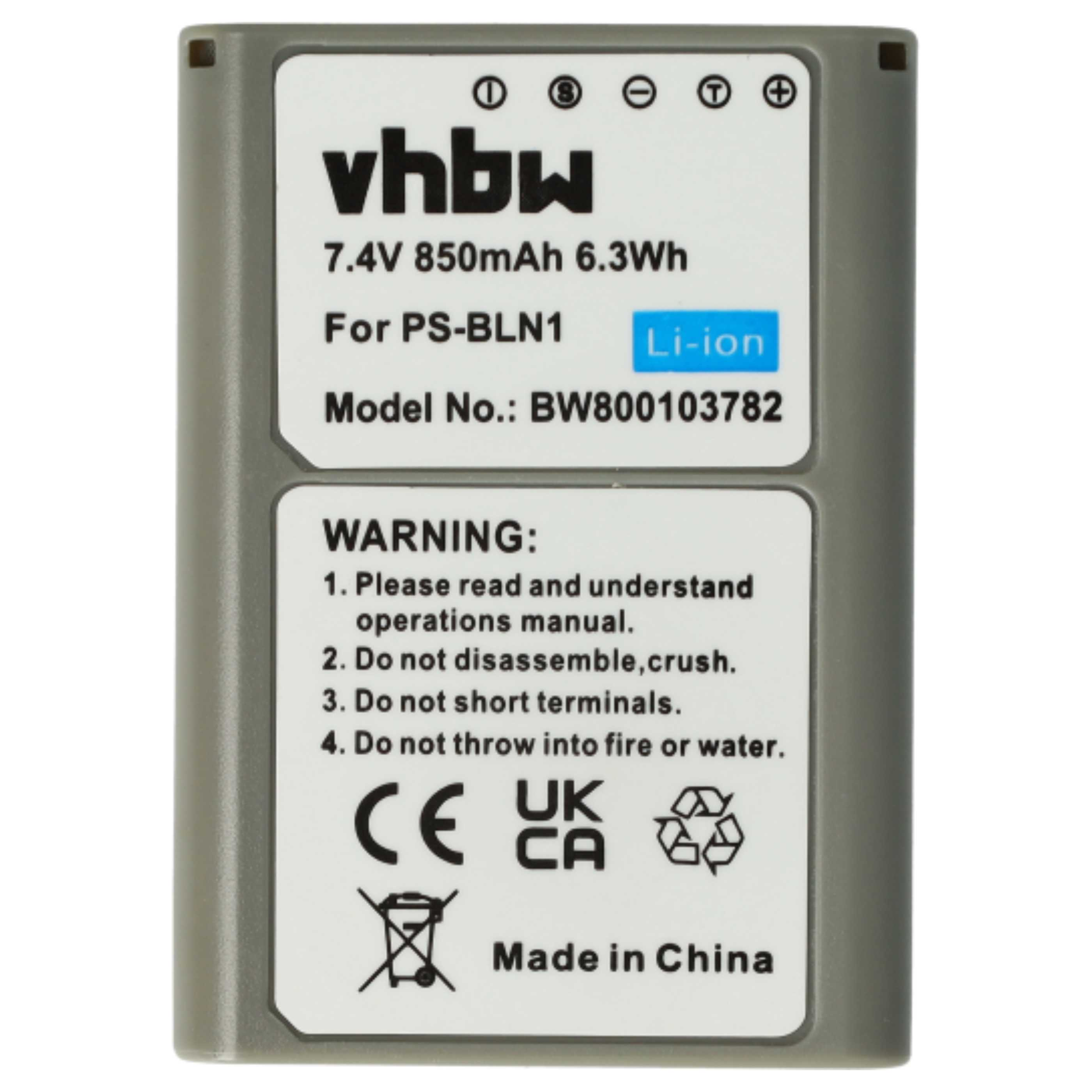 Graue Batterie mit weißen Etiketten. Text enthält die Marke 'vhbw', Spezifikationen und Sicherheitshinweise. 'Made in China' steht unten.