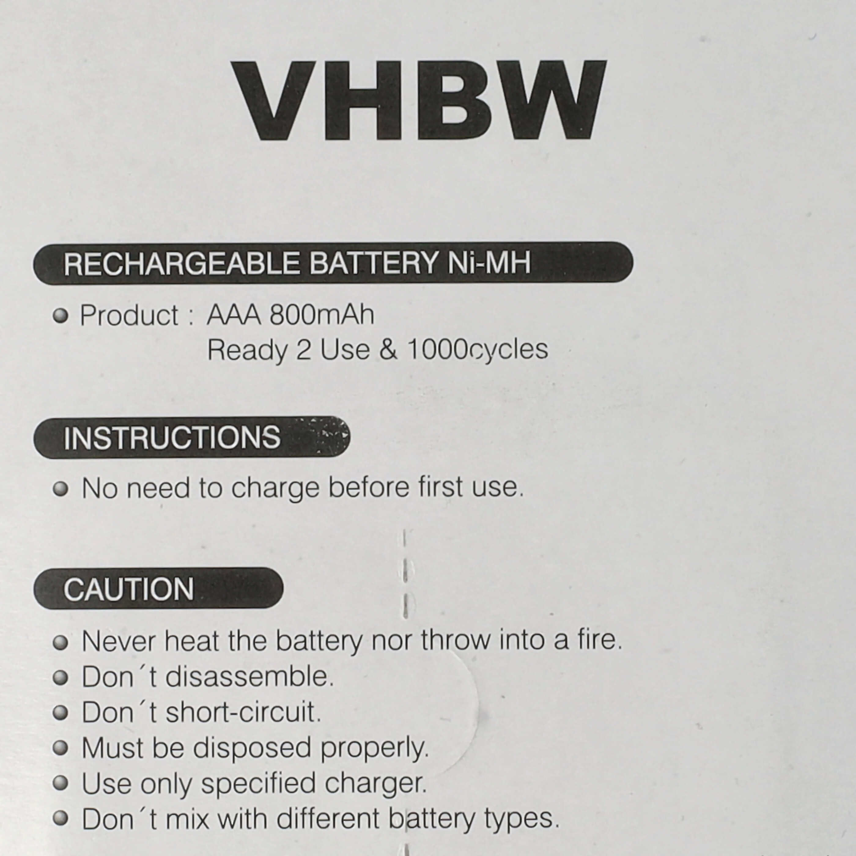 Weißer Hintergrund mit schwarzem Text: VHBW. Anweisungen für einen Akku. Text enthält Produktdetails und Vorsichtshinweise.