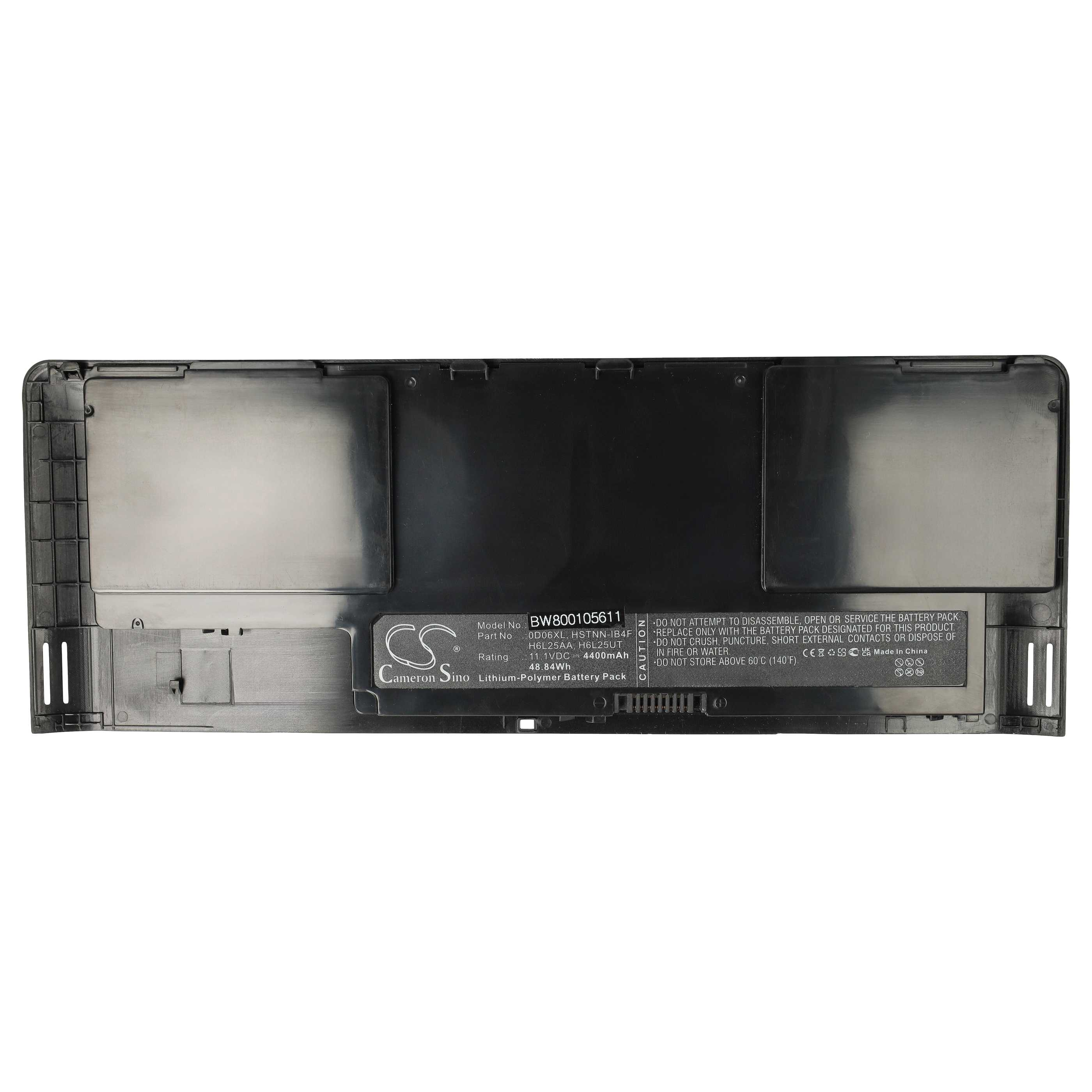 Ein schwarzes Laptop-Akkupack. Es hat zwei große rechteckige Abschnitte mit einem Etikett in der Mitte.