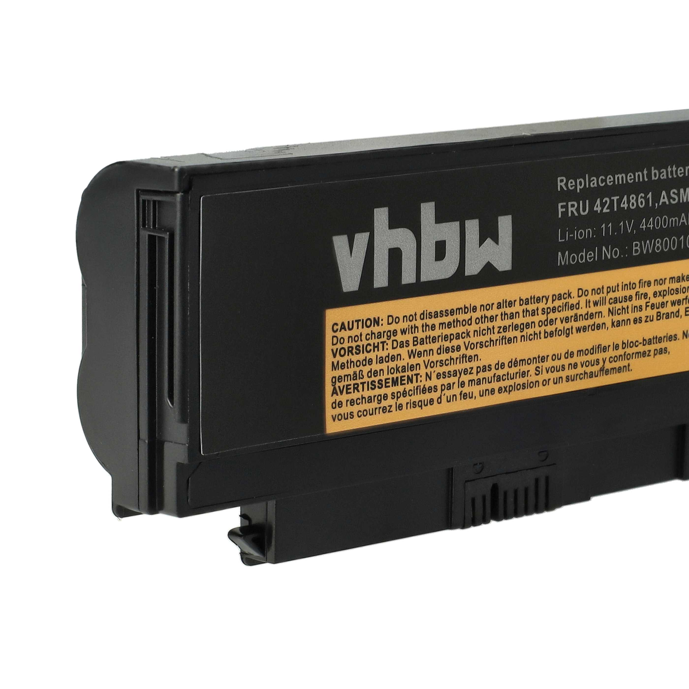 Batteria nera con testo bianco. Il testo include 'vhbw', 'Batteria di ricambio' e avvertenze di sicurezza.