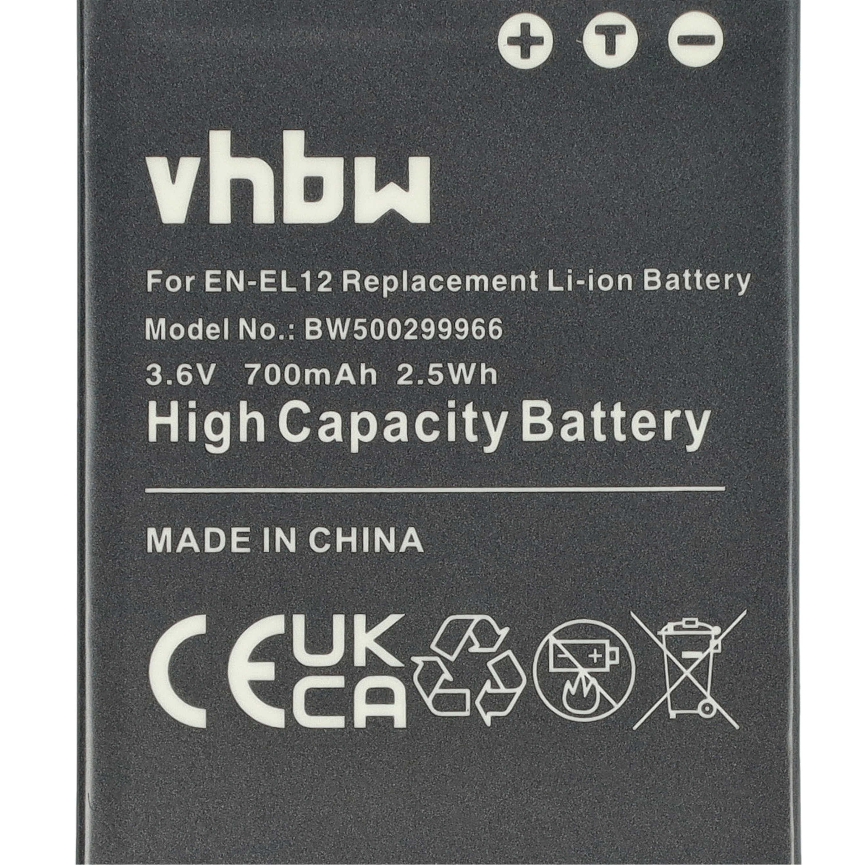 Ein schwarzer Akku mit weißem Text. Es steht vhbw, Ersatz-Li-Ionen-Akku, 3,6 V, 700 mAh, Made in China und andere Spezifikationen.