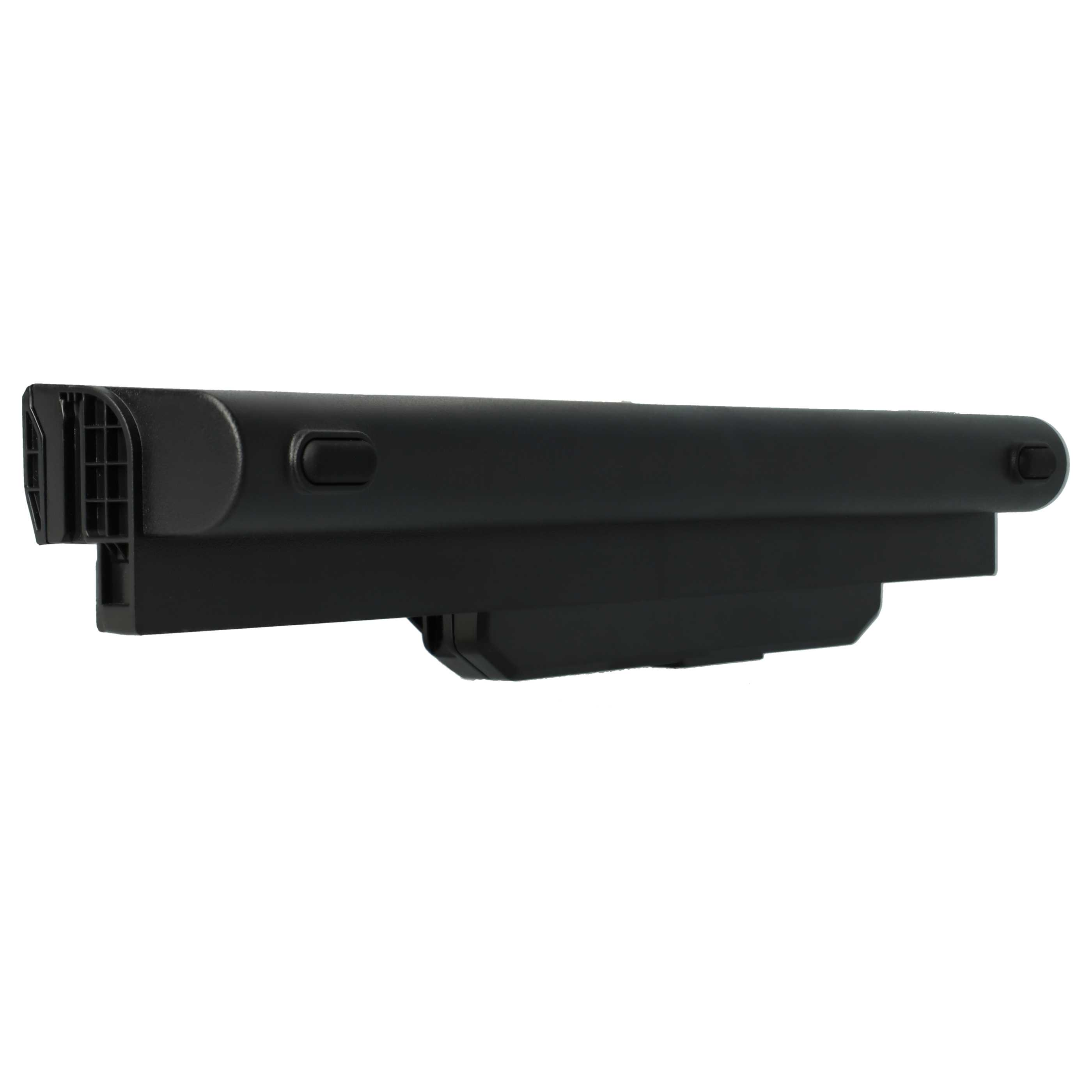 Ein schwarzer Laptop-Akku, rechteckige Form, mit Lüftungsschlitzen an einem Ende und einem Power-Button.