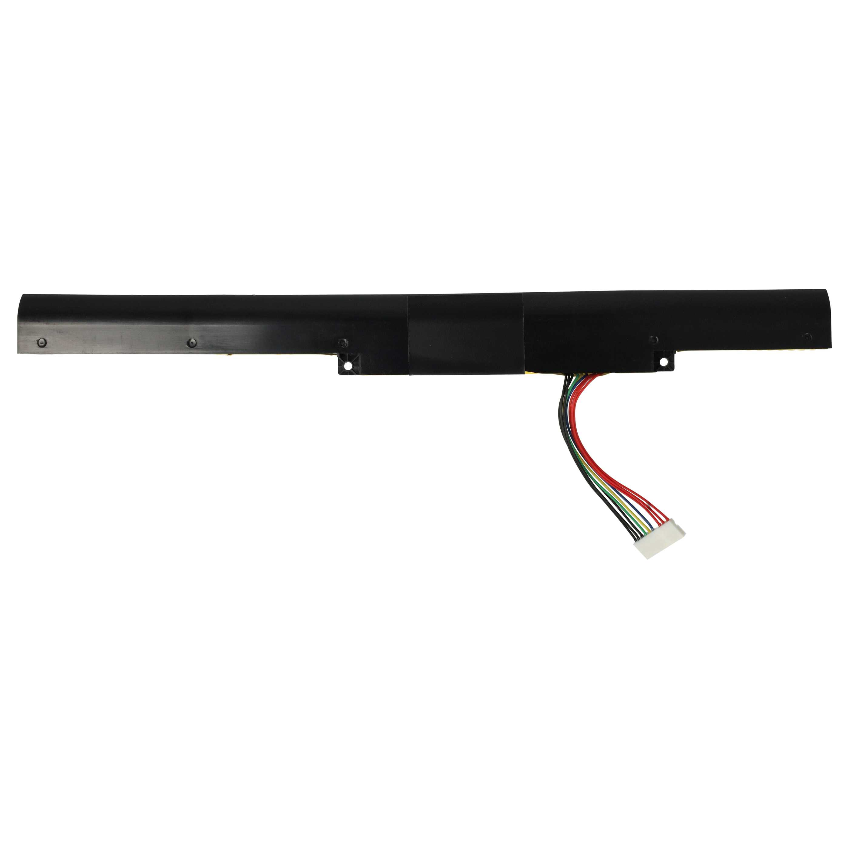 Ein schwarzer Laptop-Akku mit farbigen Drähten und einem weißen Stecker auf weißem Hintergrund.