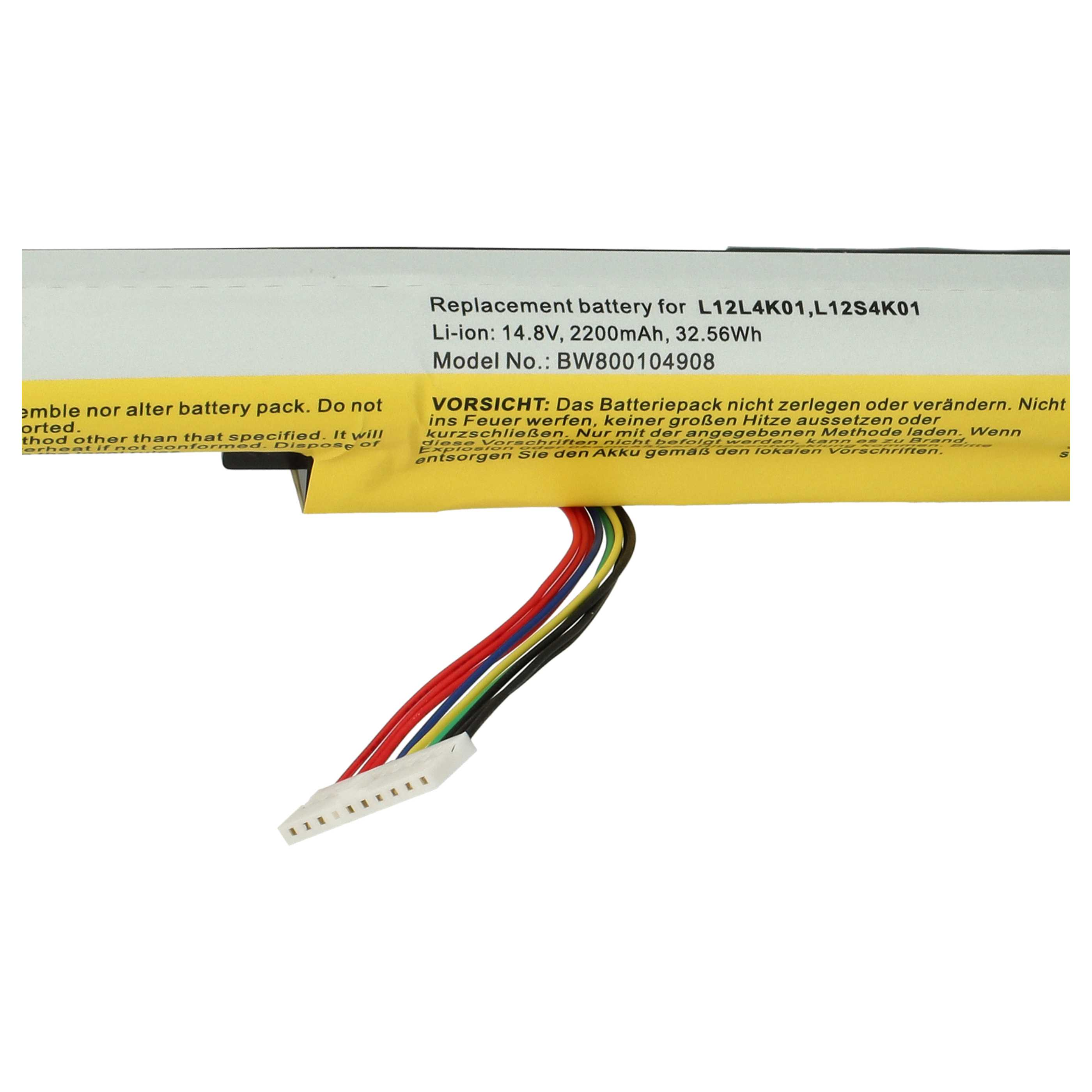 Ein Akku mit Kabeln. Text auf dem Etikett: Ersatzbatterie, Li-Ion 14,8 V, 2200 mAh. Modell-Nr.: BW800104908.
