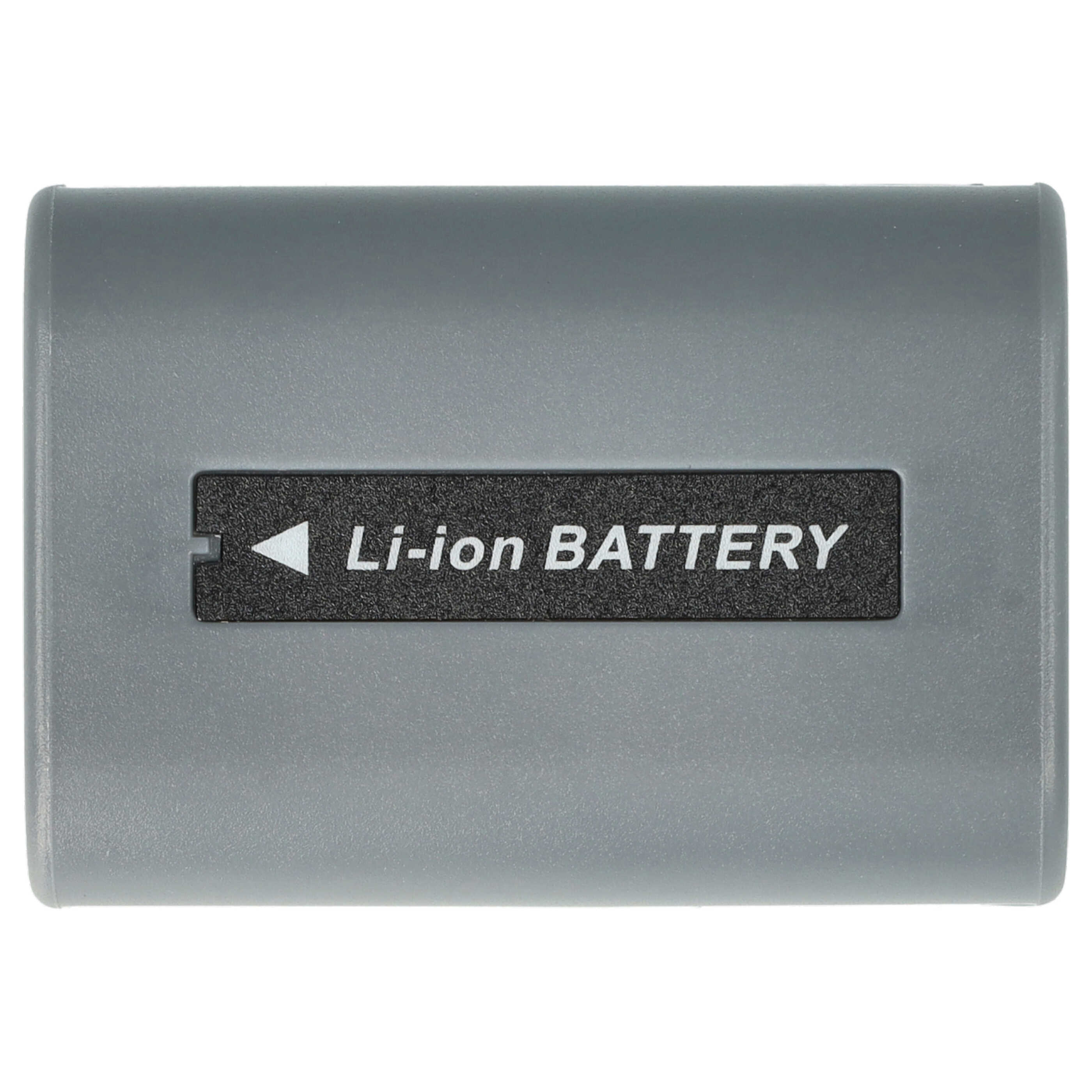 Ein rechteckiger, grauer Li-Ionen-Akku mit einem schwarzen Etikett mit der Aufschrift 'Li-ion BATTERY' und einem weißen Pfeil.