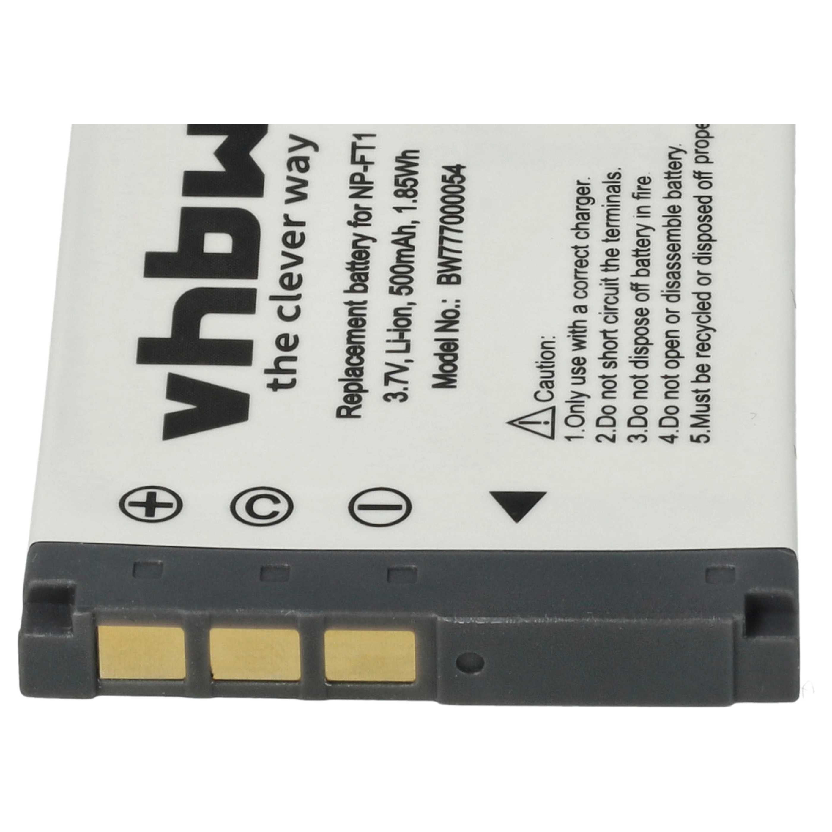 Eine Kamera-Batterie mit Text und Symbolen. Enthält Warnungen und Spezifikationen.