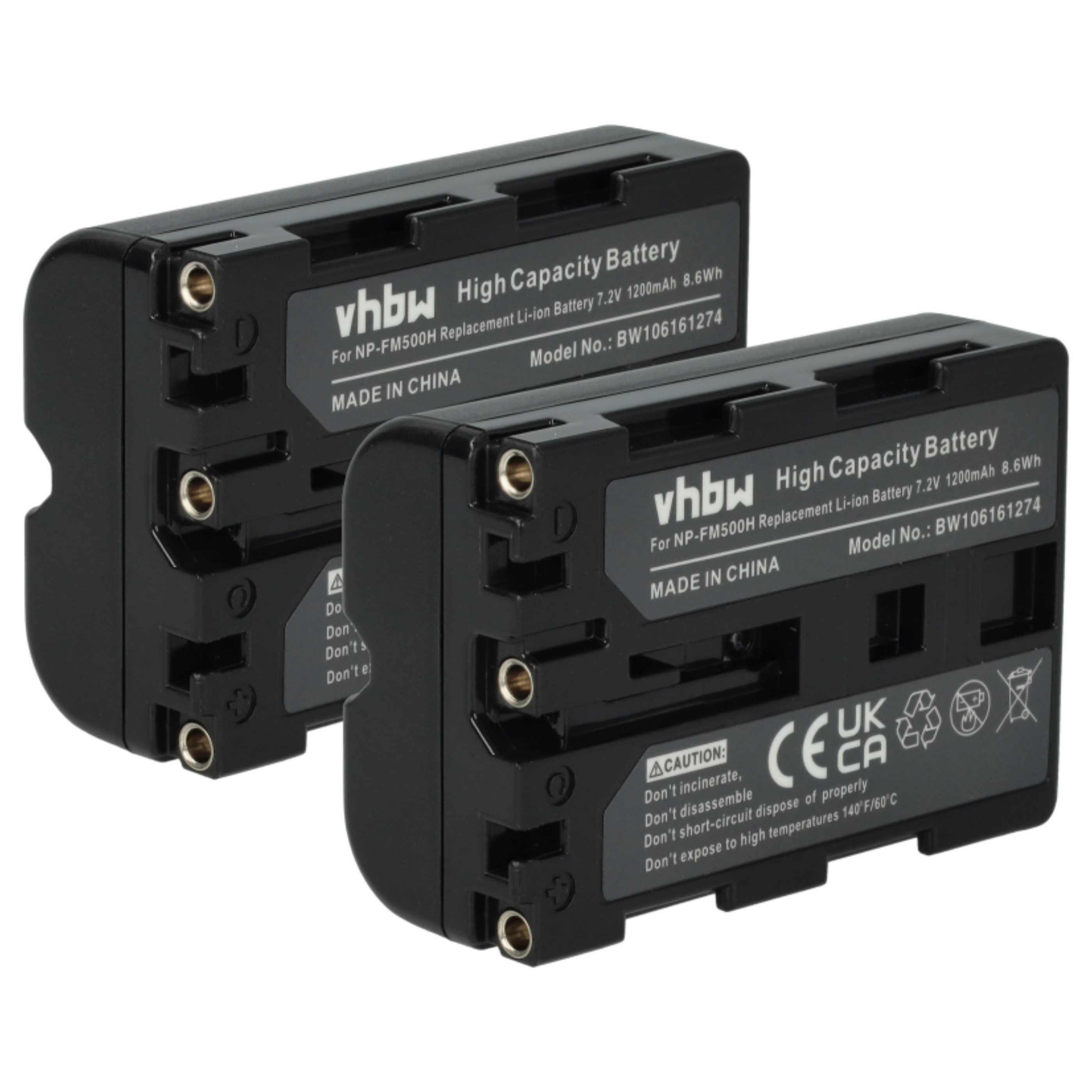 Zwei schwarze vhbw-Akkus mit hoher Kapazität. Auf ihnen steht 'High Capacity Battery' und andere technische Details.