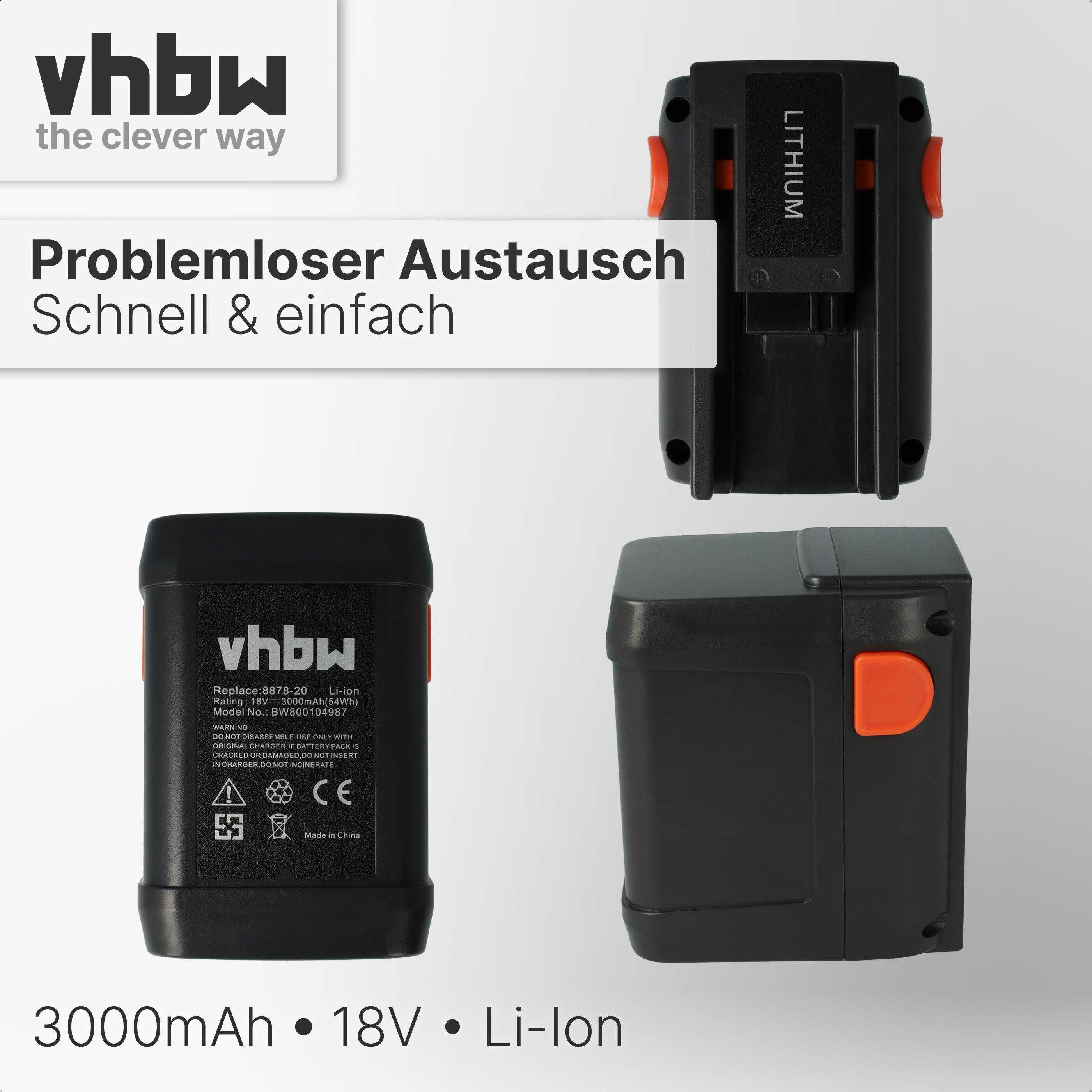 Das Bild zeigt drei schwarze Lithium-Ionen-Batterien mit orangefarbenen Akzenten. Text enthält 'vhbw' und '3000mAh 18V Li-ion'.