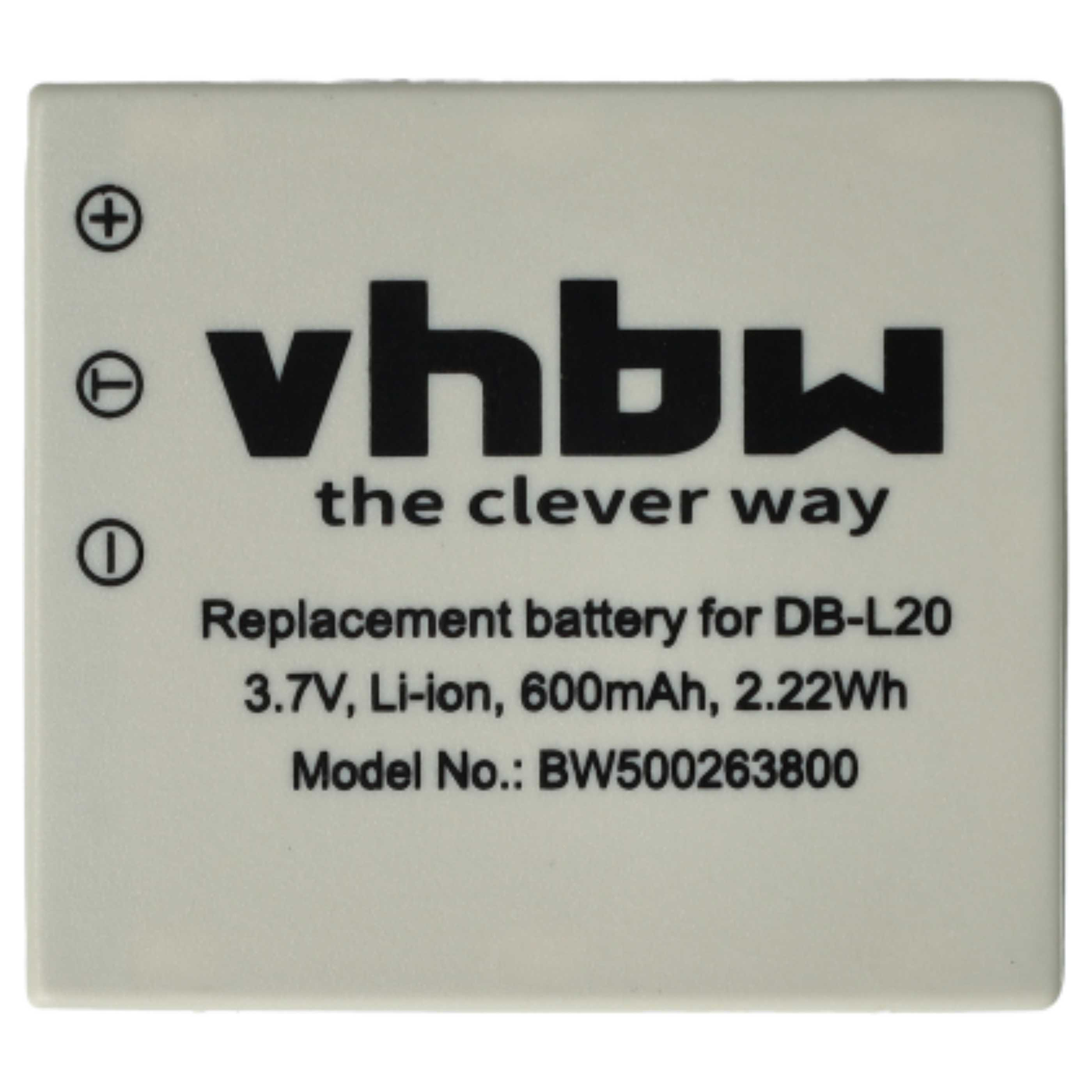 Ein weißer Akku mit schwarzem Text. Er lautet vhbw, the clever way, Ersatz für DB-L20, 3,7 V, Li-Ion, 600 mAh, 2,22 Wh.