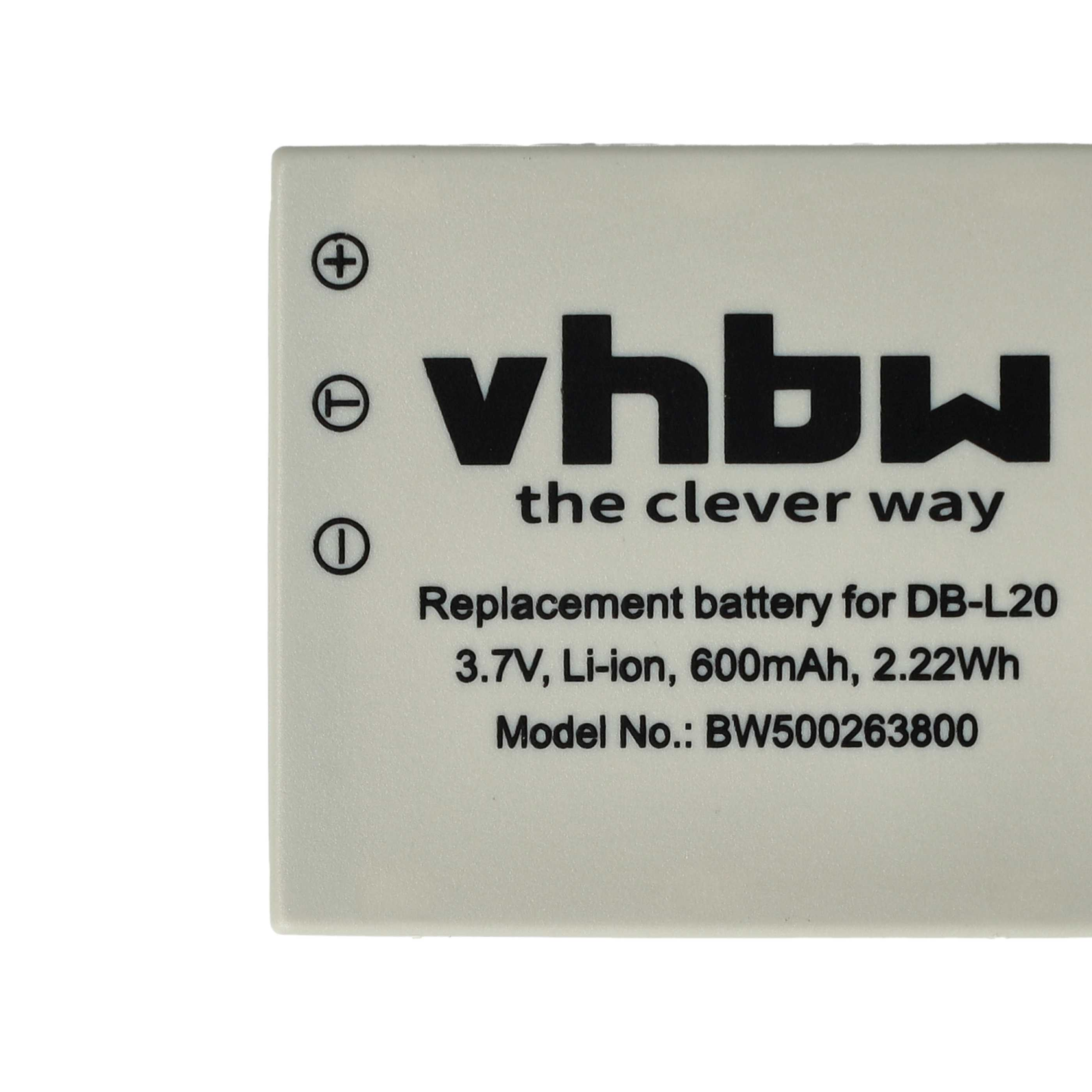 Ein rechteckiger Akku mit schwarzem Text. Es steht vhbw, Ersatzakku für DB-L20, 3,7 V Li-Ion, 600 mAh, 2,22 Wh, Modell-Nr.: BW500263800.