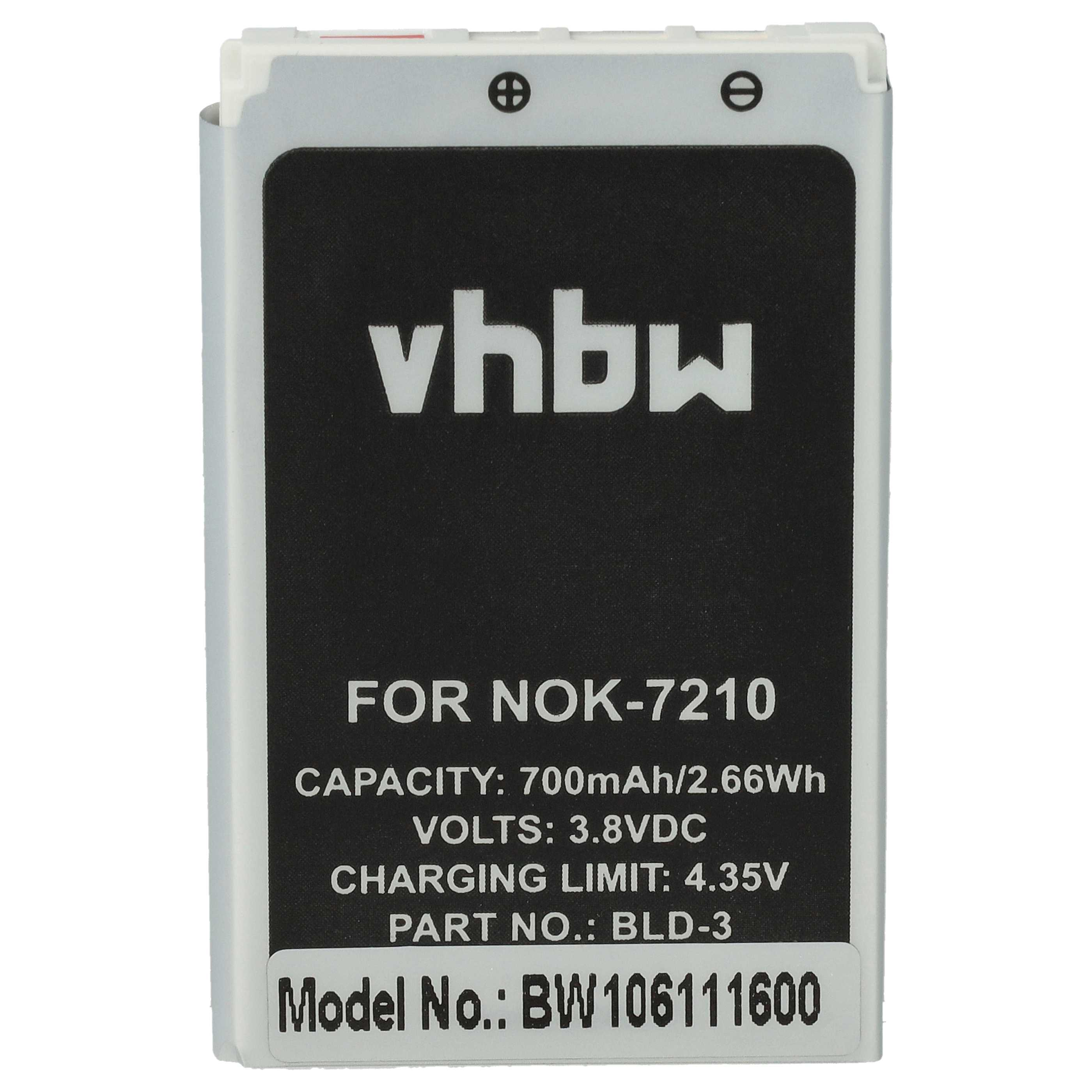 Das Bild zeigt einen Akku mit Text: 'vhbw', 'FOR NOK-7210', Kapazität, Spannung und Modellnummer BW106111600.