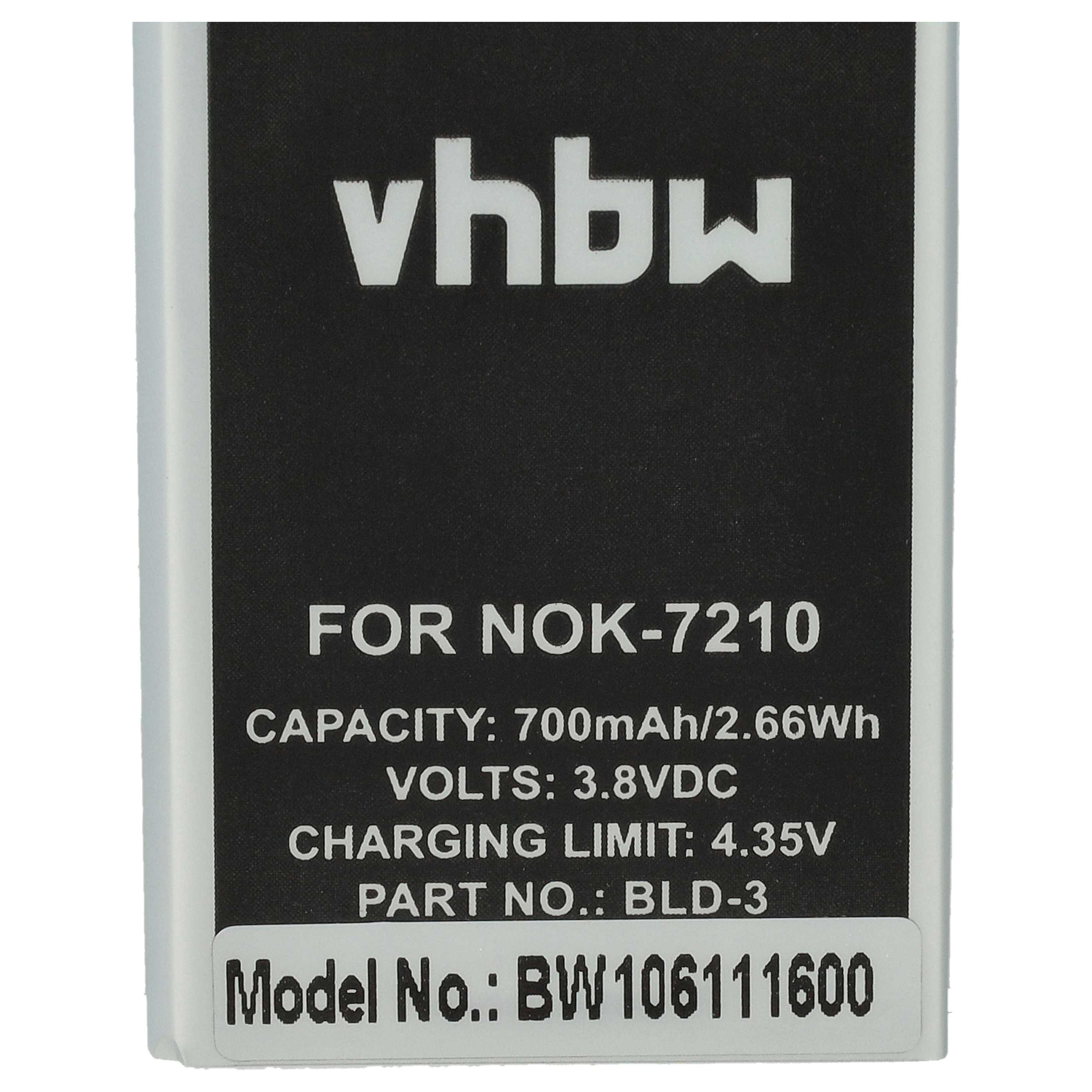 Ein schwarz-weißes Batterieetikett. Der Text enthält 'vhbw', 'FOR NOK-7210', Kapazität, Spannung, Ladegrenze und Modellnummer.