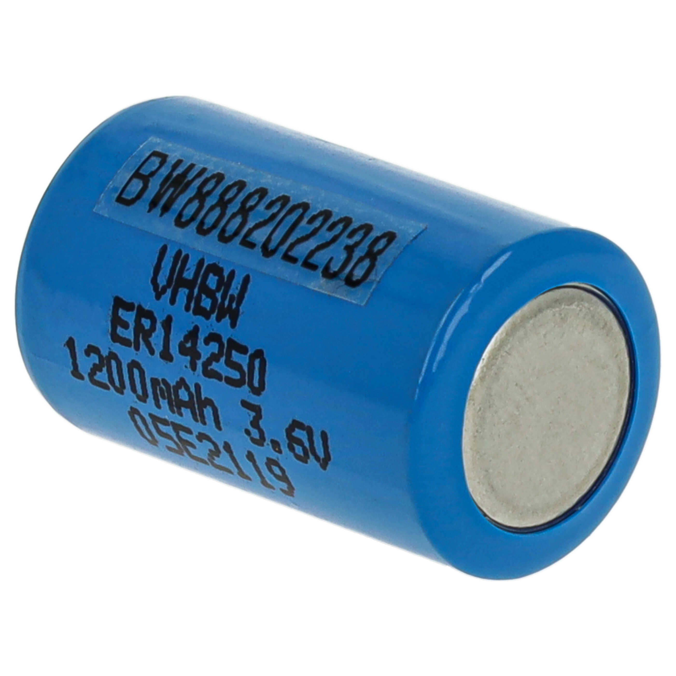 Ein blauer Batteriezylinder mit Text: BW888202238, VHBW, ER14250, 1200mAh 3,6V und O5E2119, auf weißem Hintergrund.