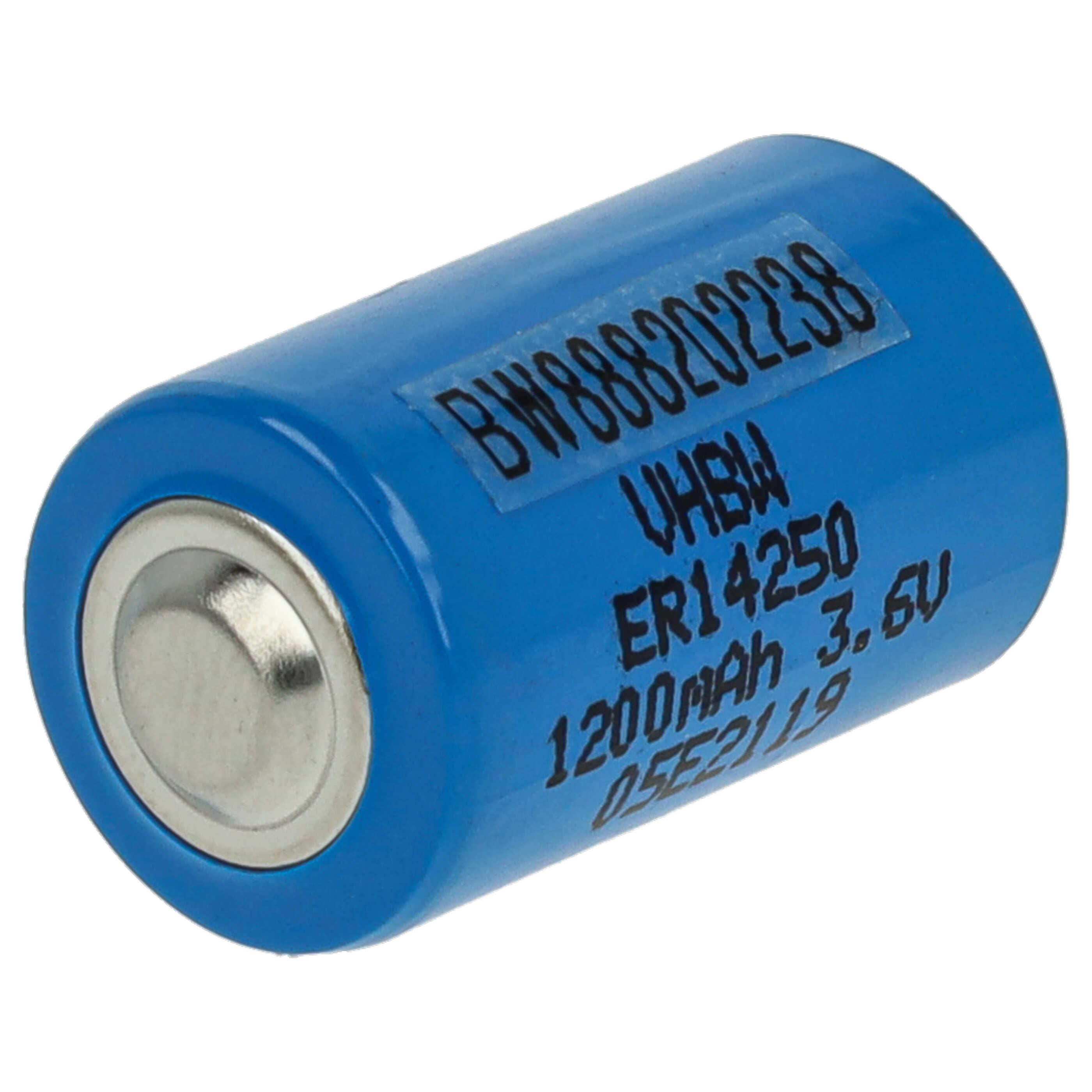 Eine blaue Batterie mit silbernen Enden. Auf der Batterie steht 'BW888202238', 'ER14250', '1200mAh 3.6V'.