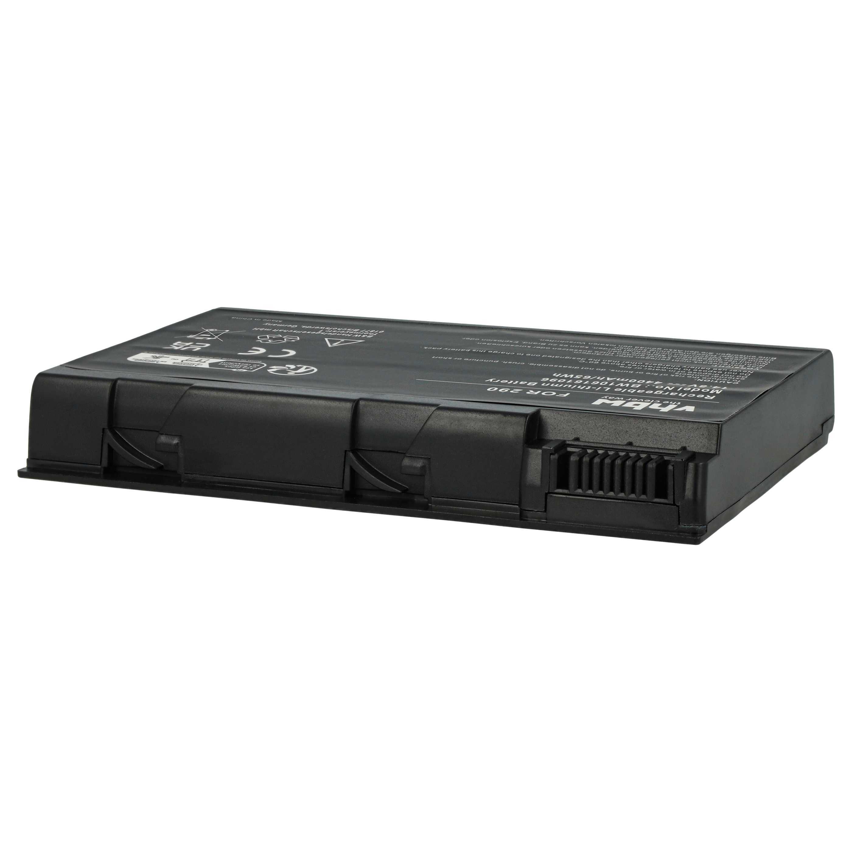 Ein schwarzer Laptop-Akku. Text auf dem Etikett enthält Modell- und Spannungsinformationen.