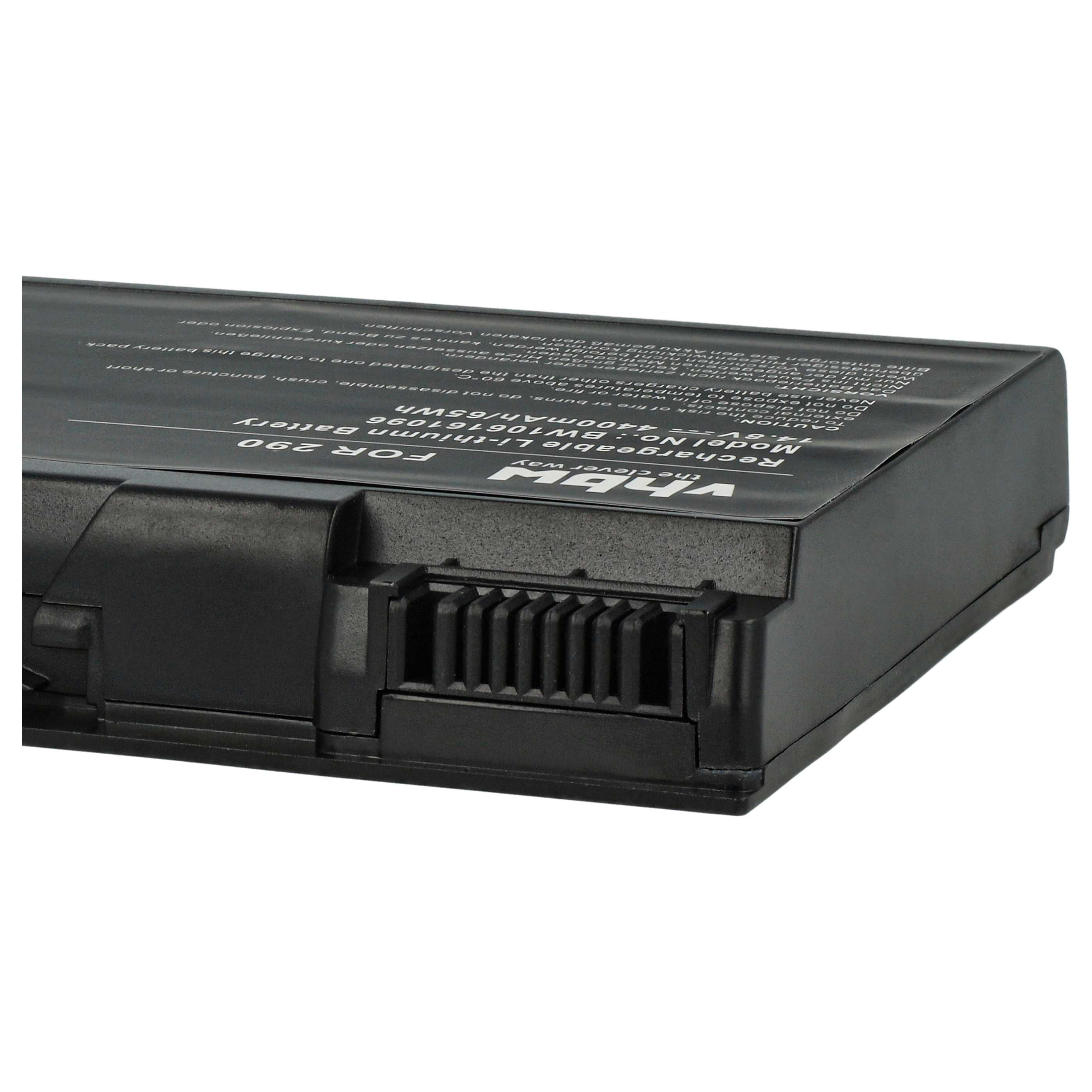 Schwarzer Laptop-Akku mit weißem Text. Er hat Lüftungsschlitze an der Seite. Das Etikett lautet 'Rechargeable Li-thiumn Battery'.