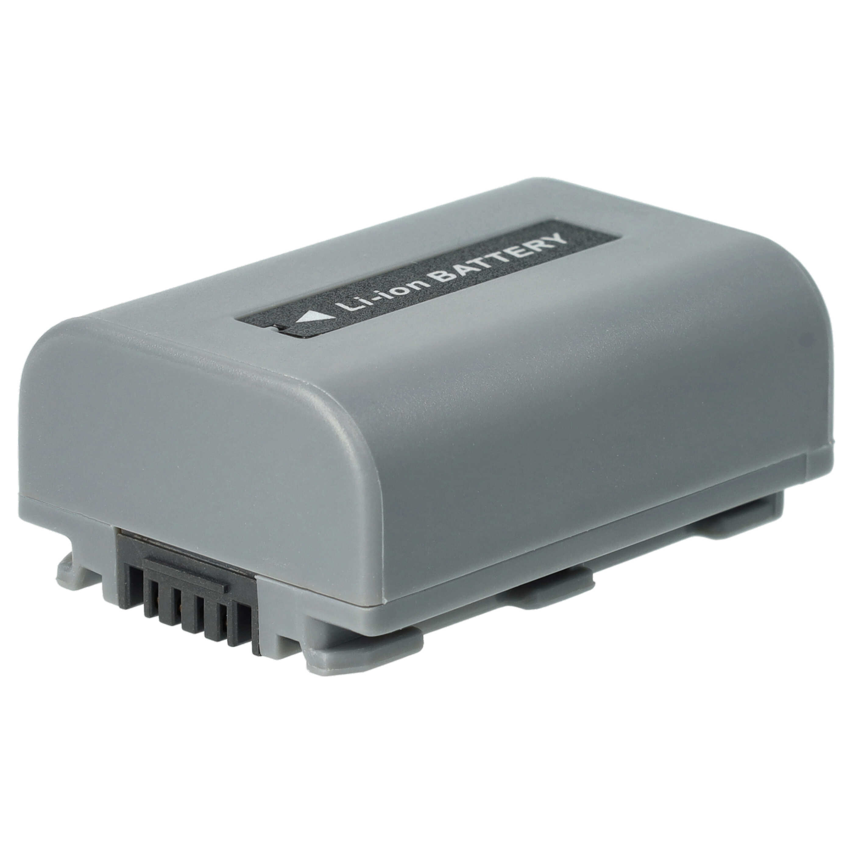 Ein grauer Li-Ionen-Akku, rechteckig mit abgerundeten Kanten. Hat einen schwarzen Stecker und den Text 'Li-ion BATTERY'.