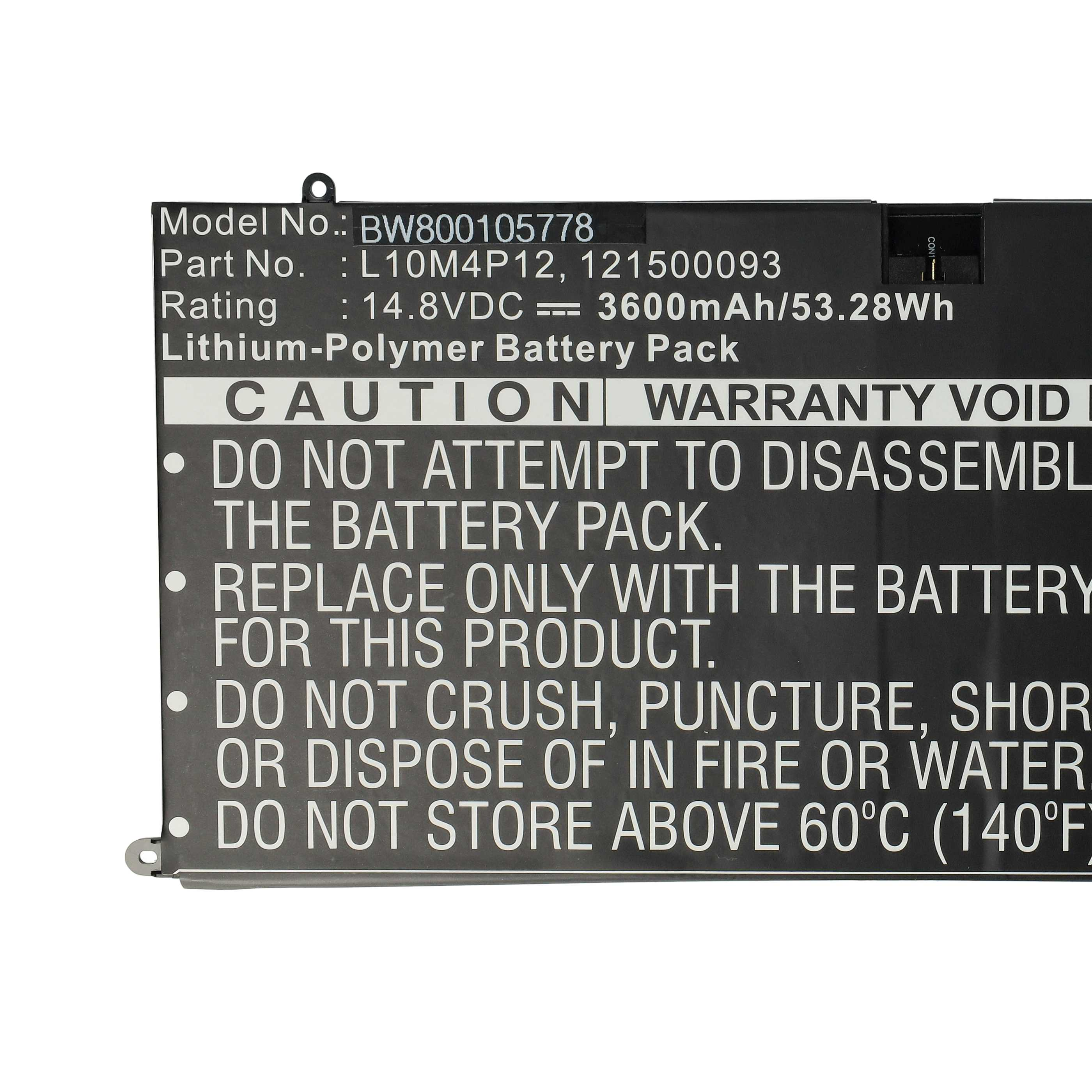 Schwarzes Batteriepack-Etikett mit weißem Text. Enthält Modell, Teil, Bewertung und Warnungen.