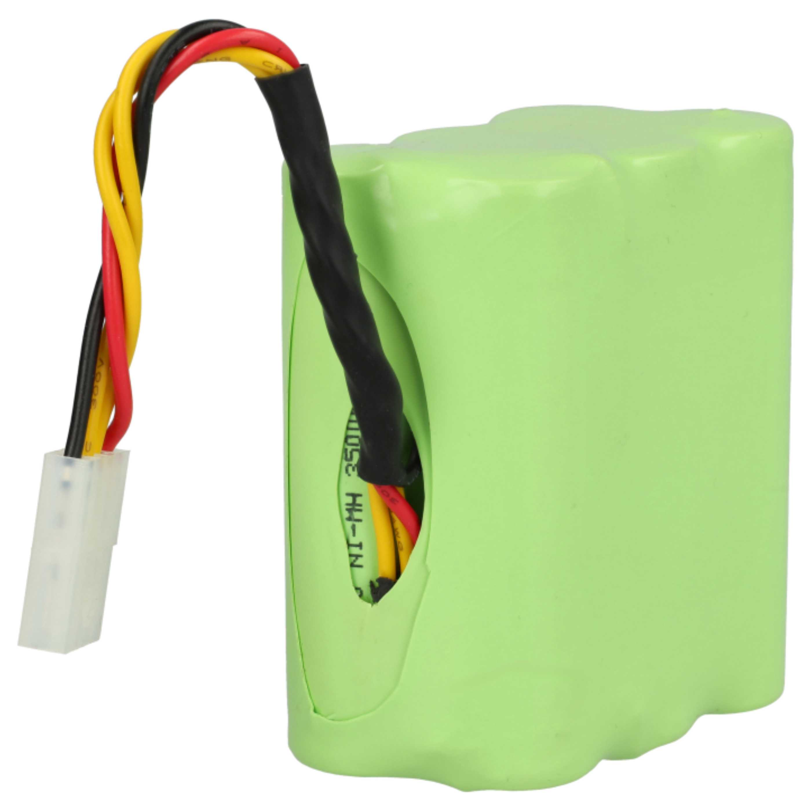 Ein grünes Batteriepack mit schwarzen, gelben und roten Drähten, die mit einem weißen Stecker verbunden sind. Die Batterie ist beschriftet.