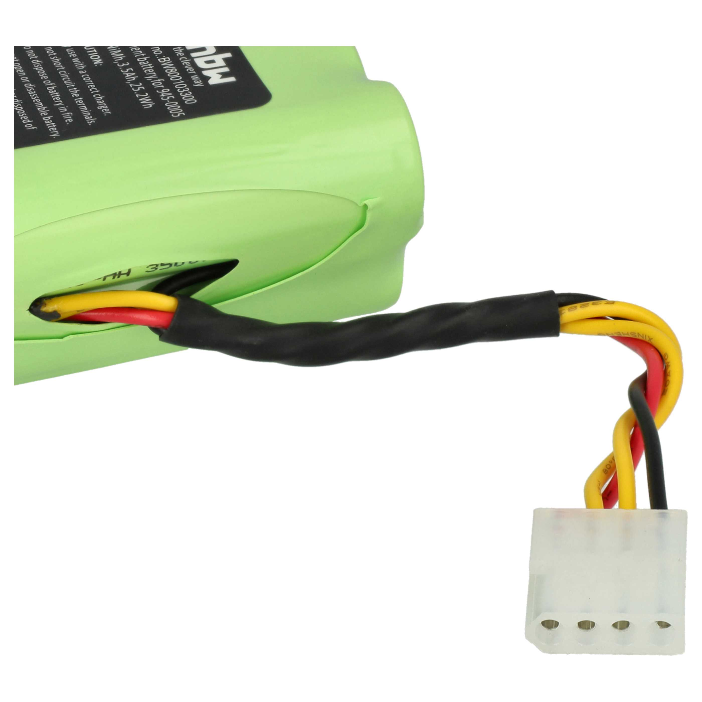 Eine grüne Batterie mit schwarzen und farbigen Drähten, die mit einem weißen Stecker verbunden sind. Text ist auf der Batterie sichtbar.