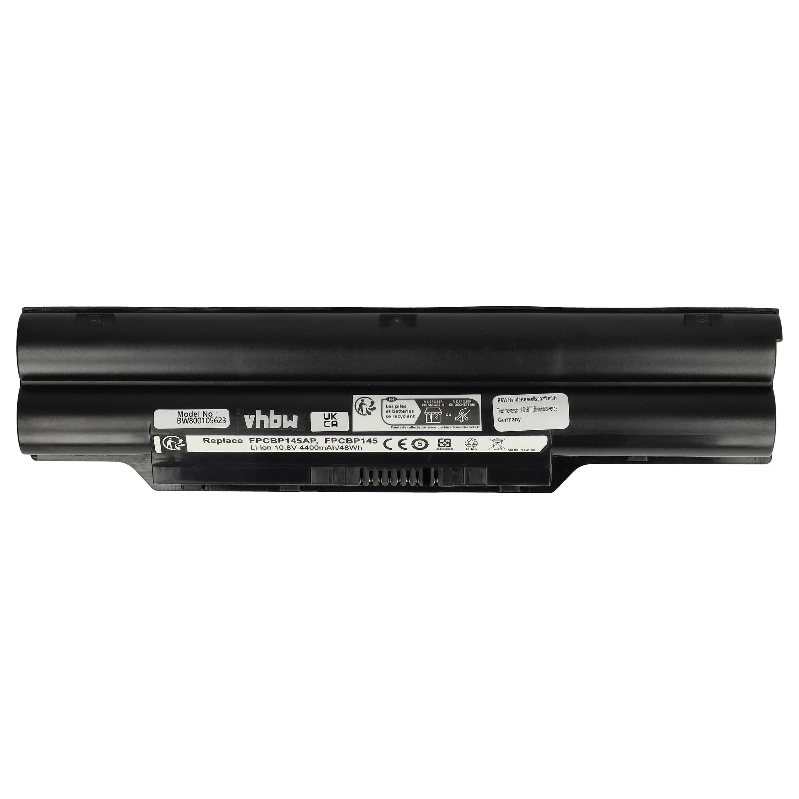 Schwarzer Laptop-Akku mit weißen Etiketten und Text. Enthält Modellnummer, Marke und Recyclinginformationen.