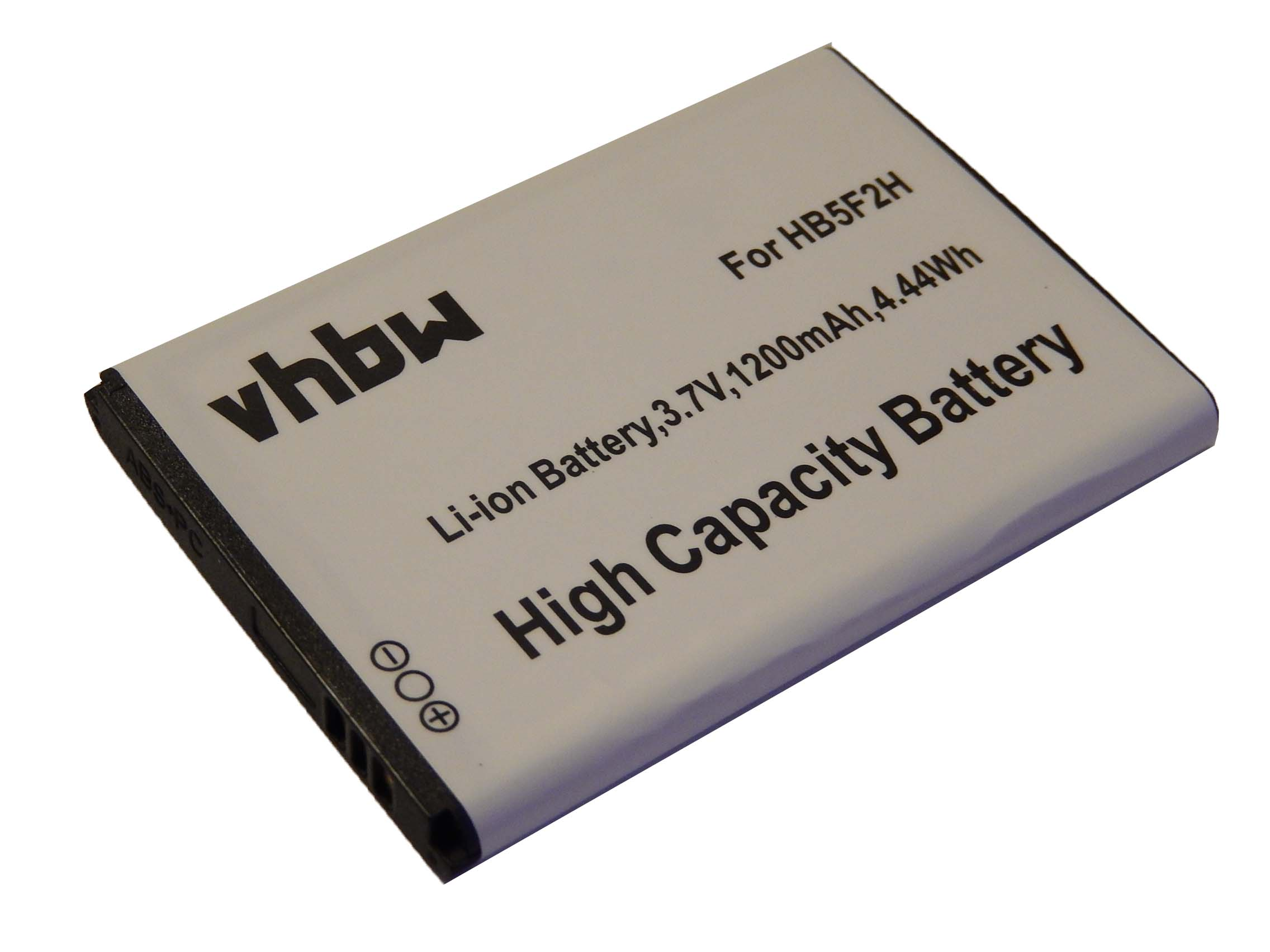 Ein weißer, rechteckiger Akku mit schwarzem Text. Auf ihm stehen 'vhbw', 'Li-ion Battery', 'High Capacity Battery' usw.