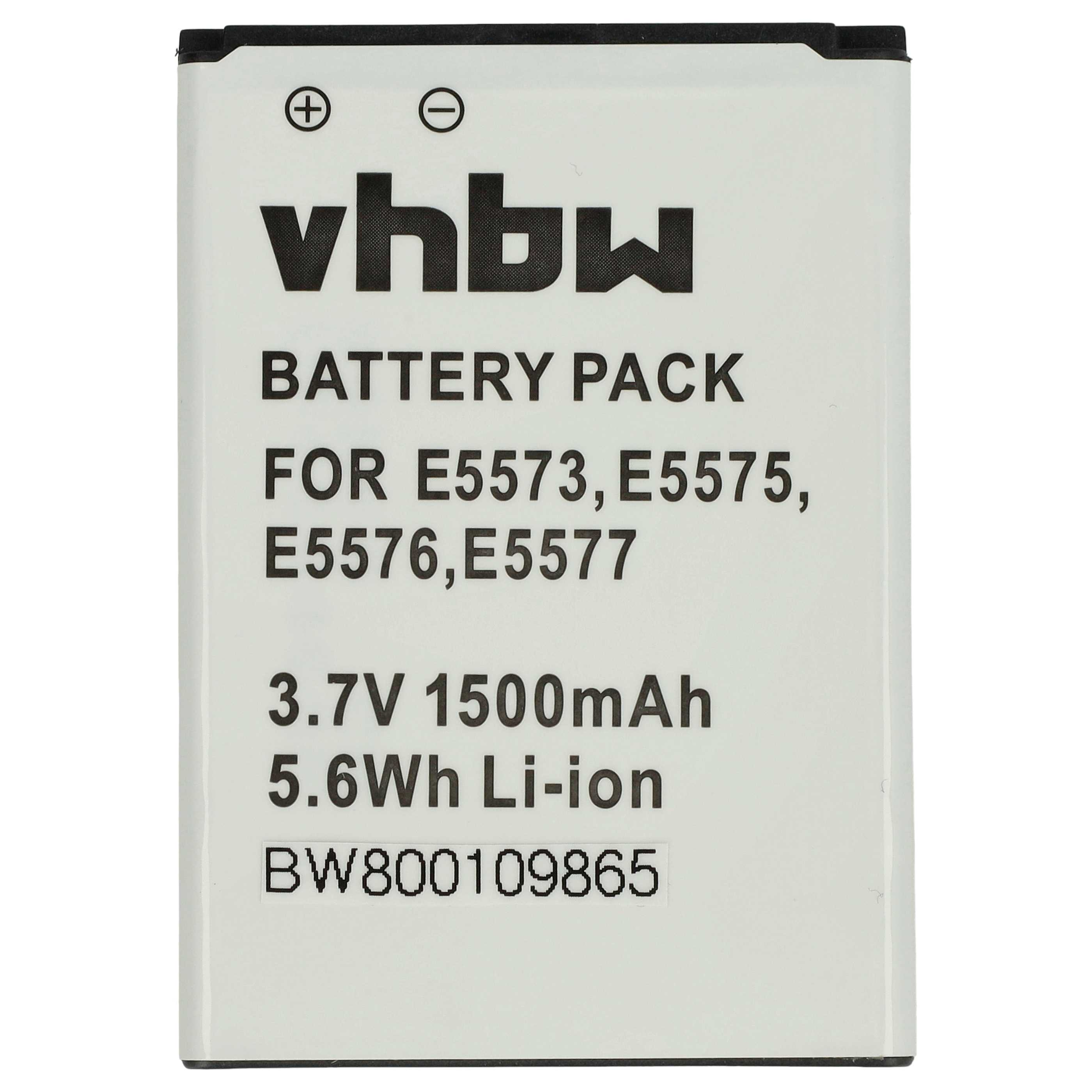 Ein weißer Akku mit schwarzem Text. Es steht "vhbw BATTERY PACK FÜR E5573, E5575, E5576, E5577. 3,7 V 1500 mAh 5,6 Wh Li-Ion".
