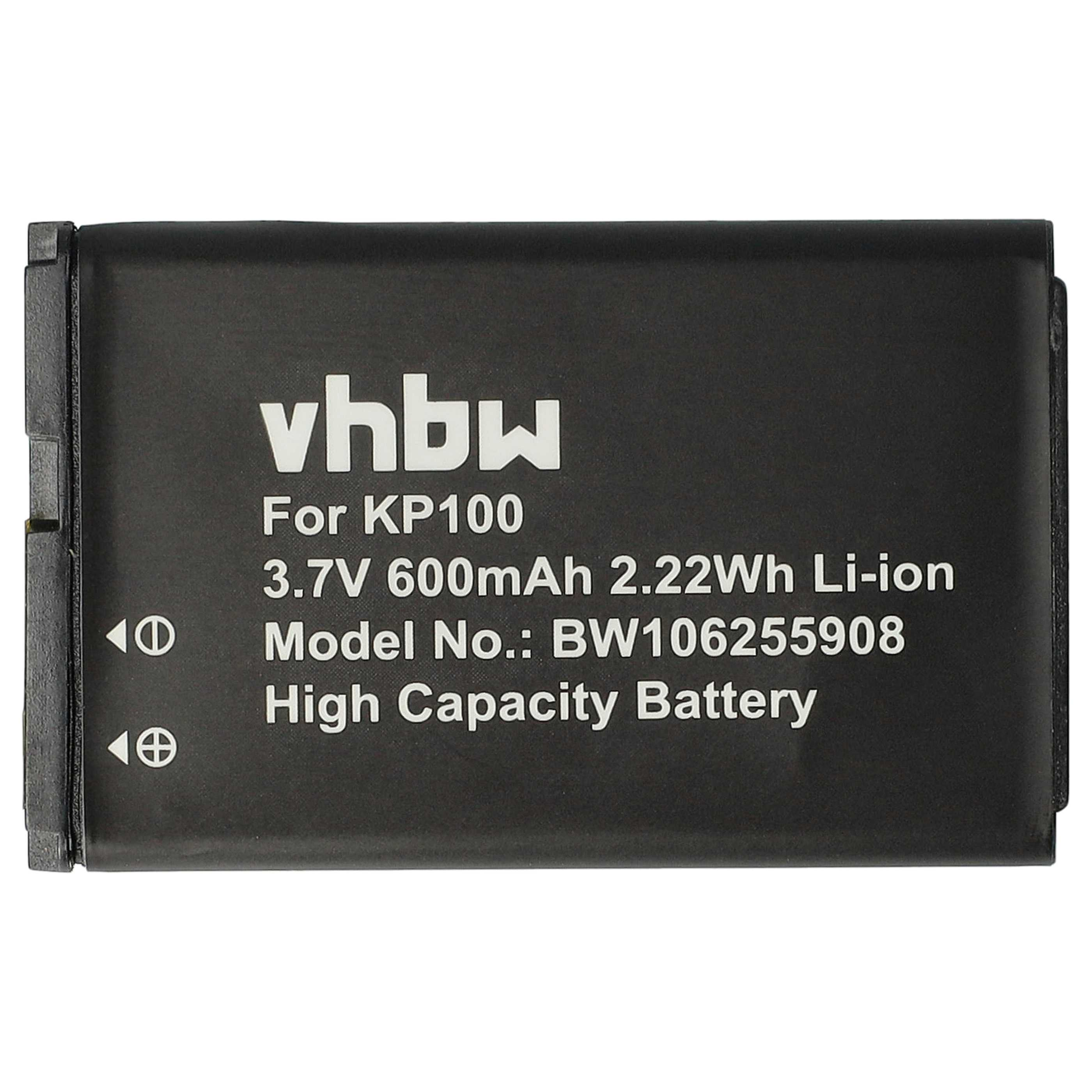 Ein schwarzer Akku mit weißem Text, der 'vhbw', 'For KP100' und Spezifikationen anzeigt.