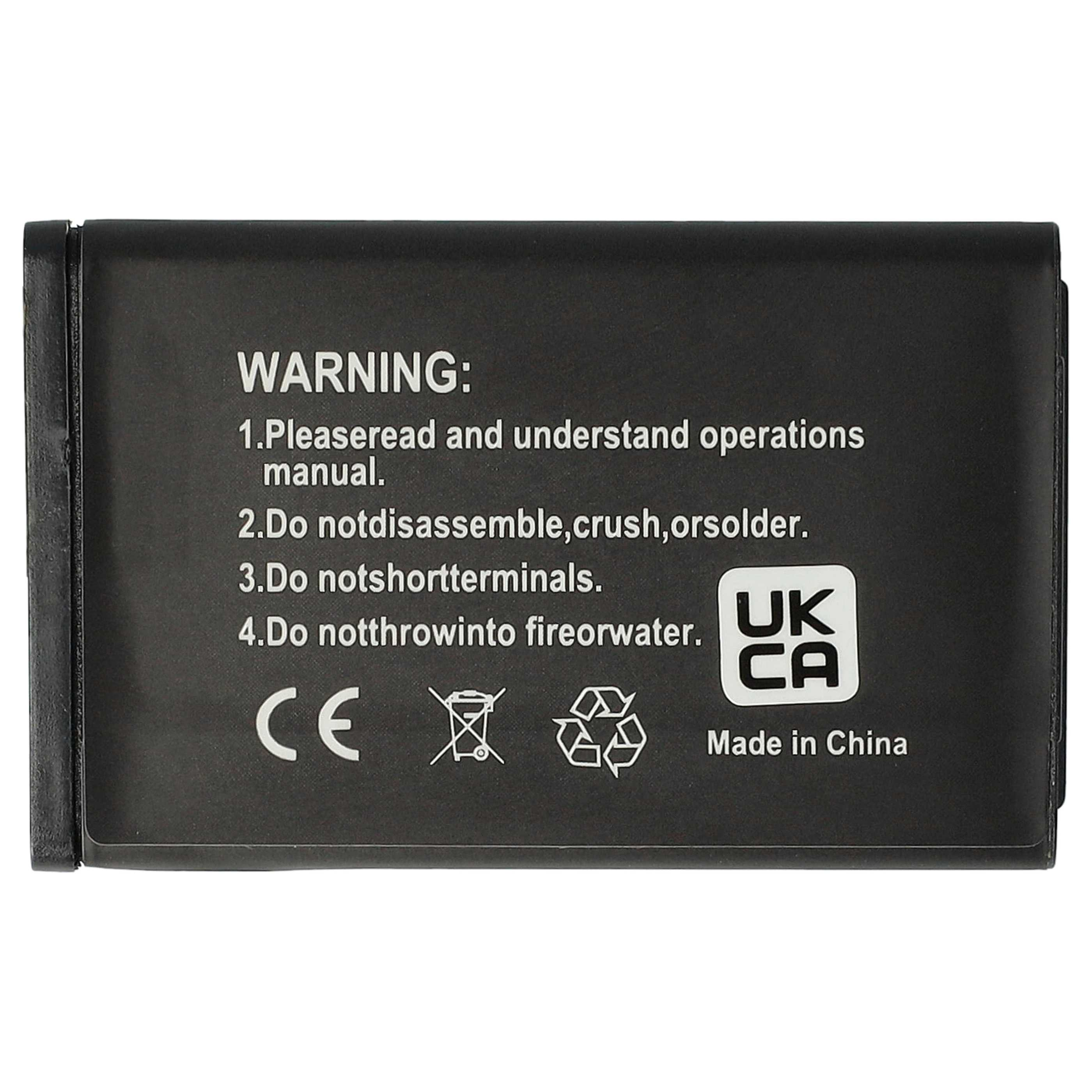 Schwarzer Akku mit weißem Text, der vor Missbrauch warnt. Enthält CE- und UKCA-Kennzeichnungen, Recycling-Symbol und 'Made in China'.