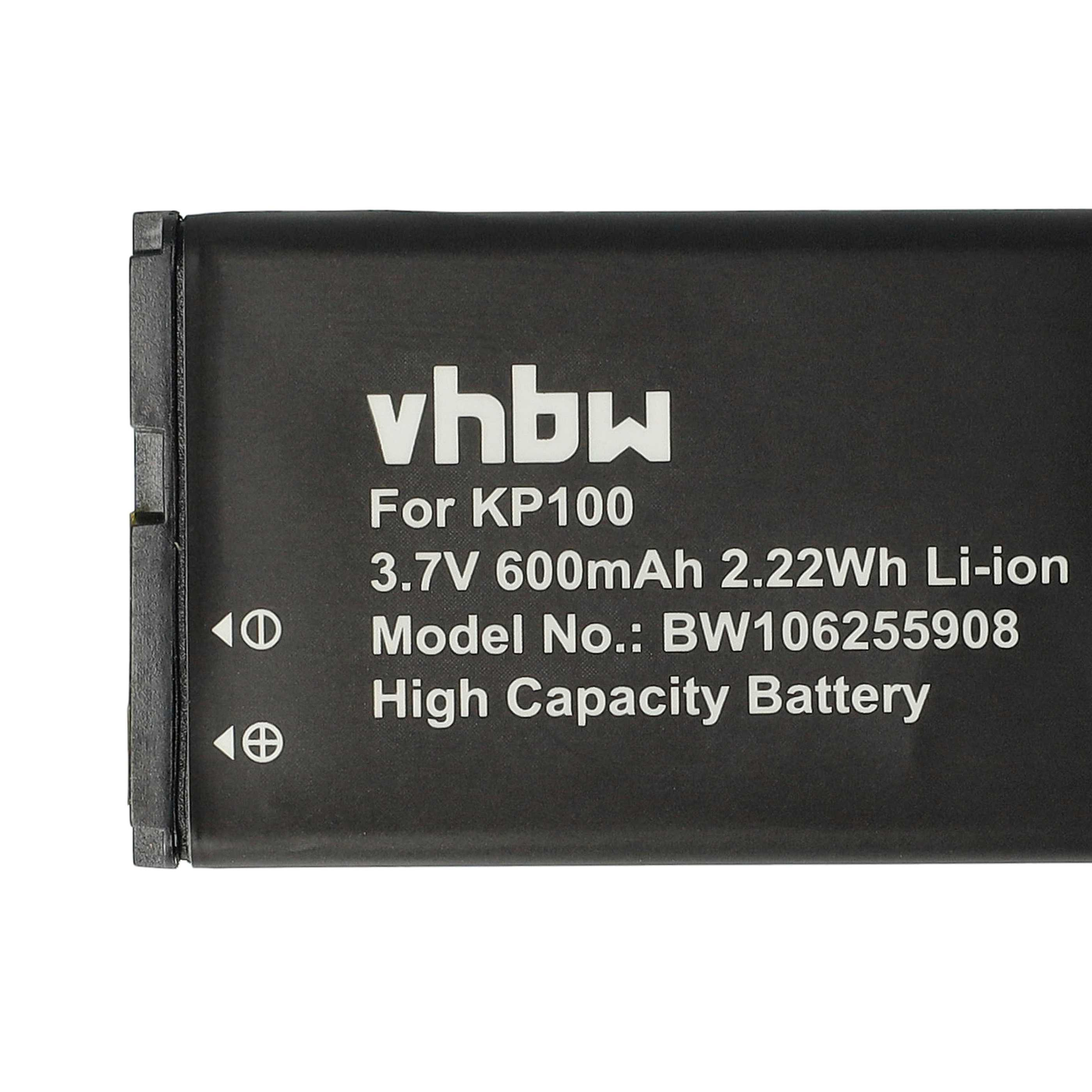 Ein schwarzer Akku mit weißem Text, darunter 'vhbw', 'For KP100' und technische Daten wie 3,7 V 600 mAh.