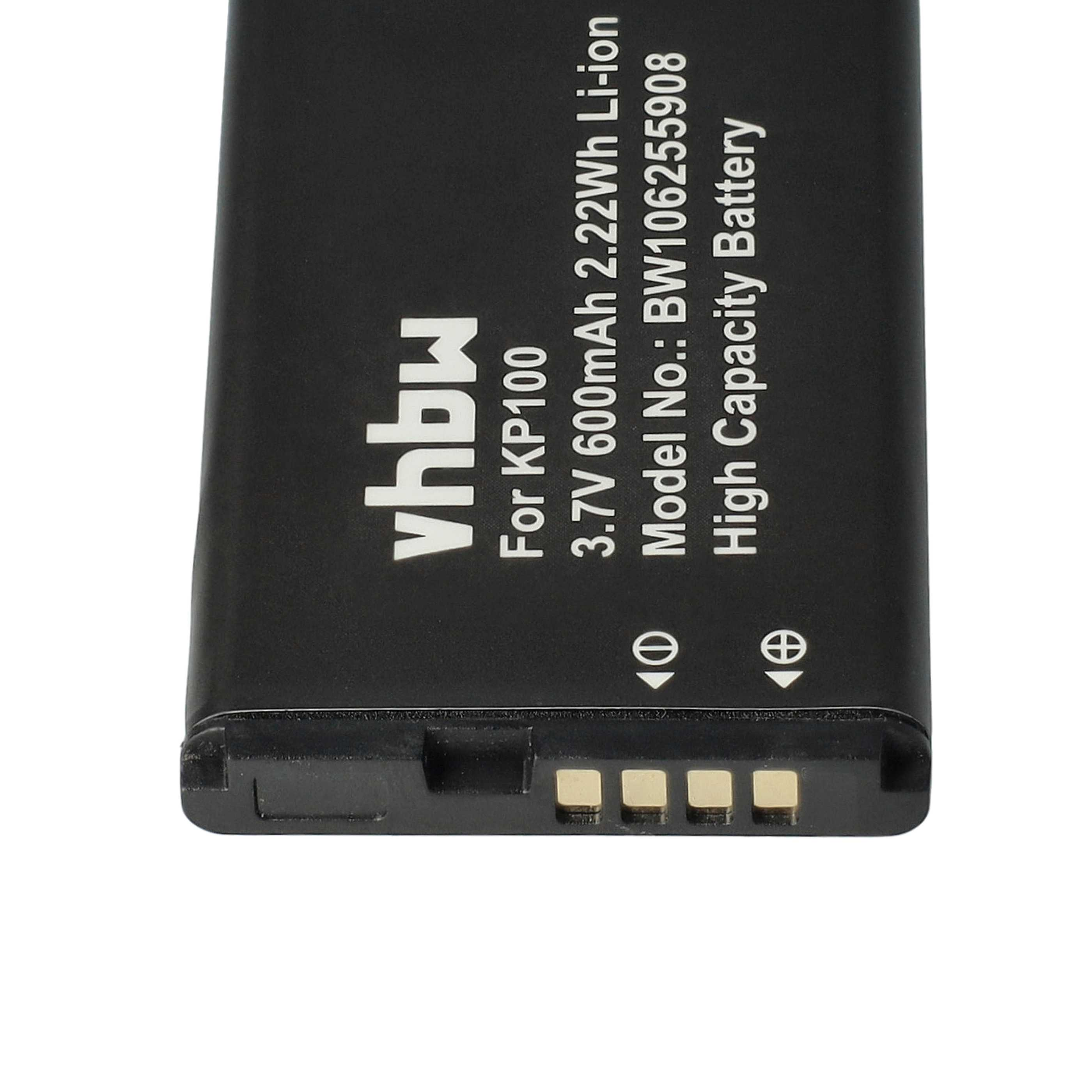 Schwarzer Akku mit weißem Text: vhbw, KP100, 3,7 V 600 mAh, Modell BW106255908. Oberseite hat Anschlüsse.