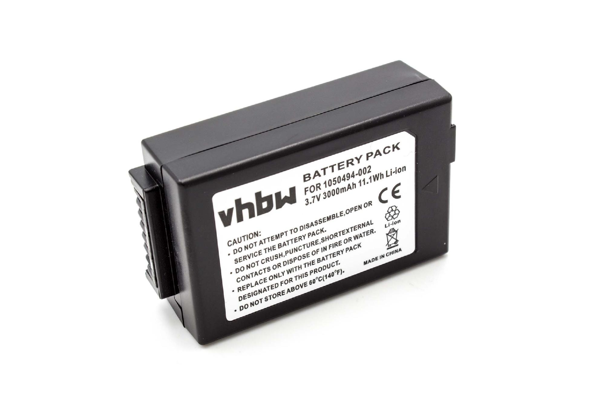 Ein schwarzes Batteriepack mit weißem Text, einschließlich der Marke "vhbw" und Warnhinweisen. Es ist mit "BATTERY PACK" und "Li-ion" beschriftet.