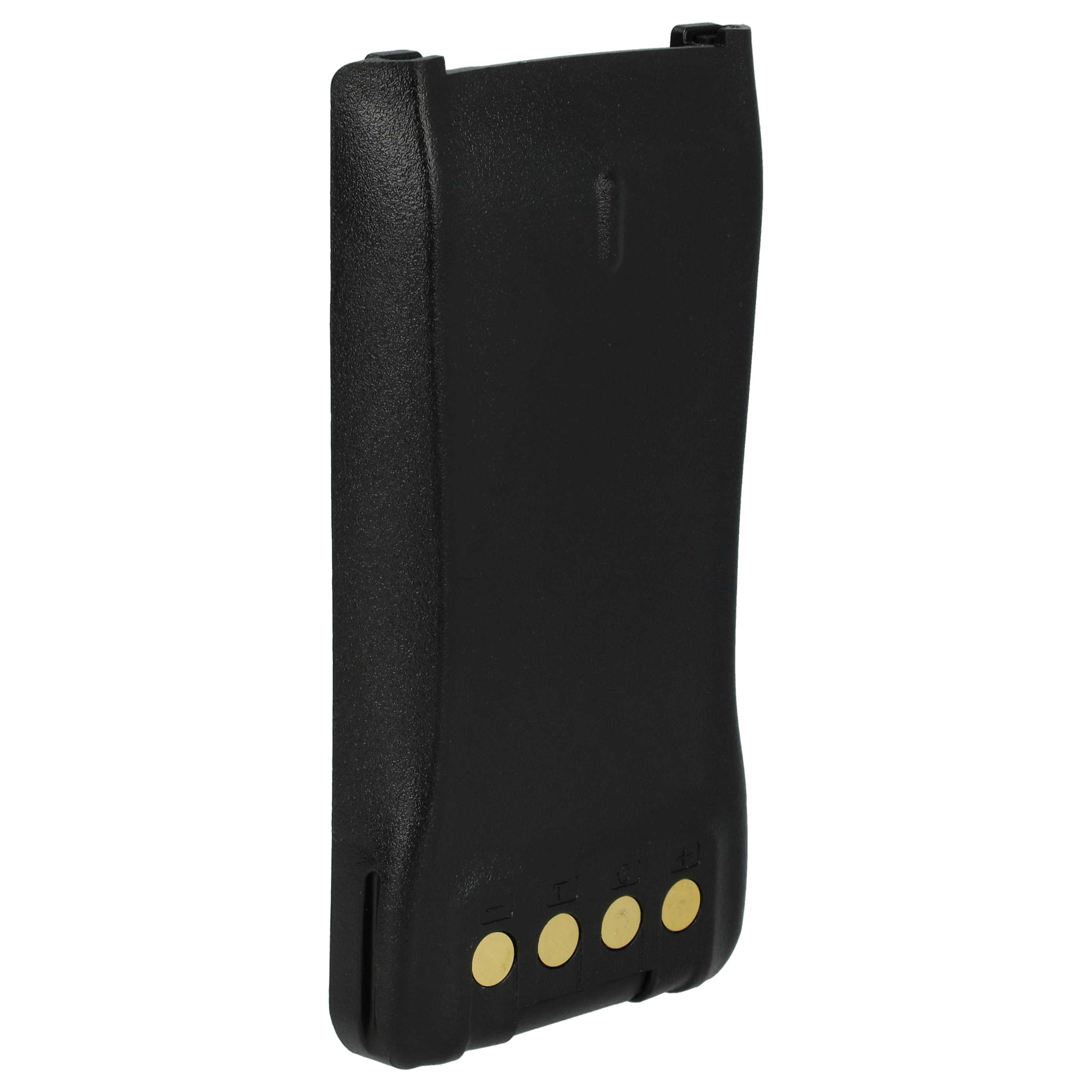 Ein schwarzer Funkbatterie. Sie hat goldene Kontaktpunkte und ist vor einem weißen Hintergrund platziert.