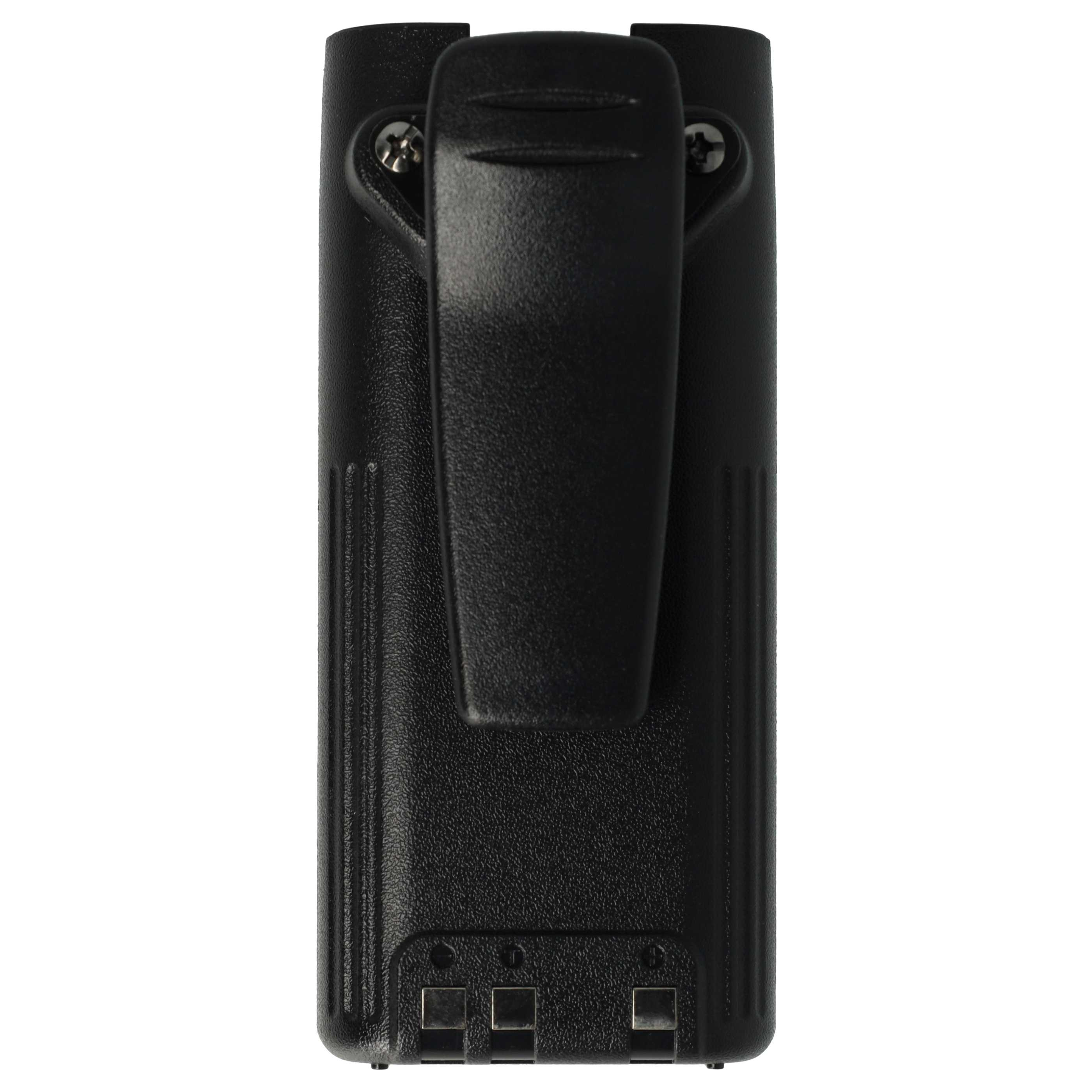 Ein schwarzes Funkbatteriepack mit Gürtelclip. Das Pack ist rechteckig mit strukturierter Oberfläche und Metallkontakten.