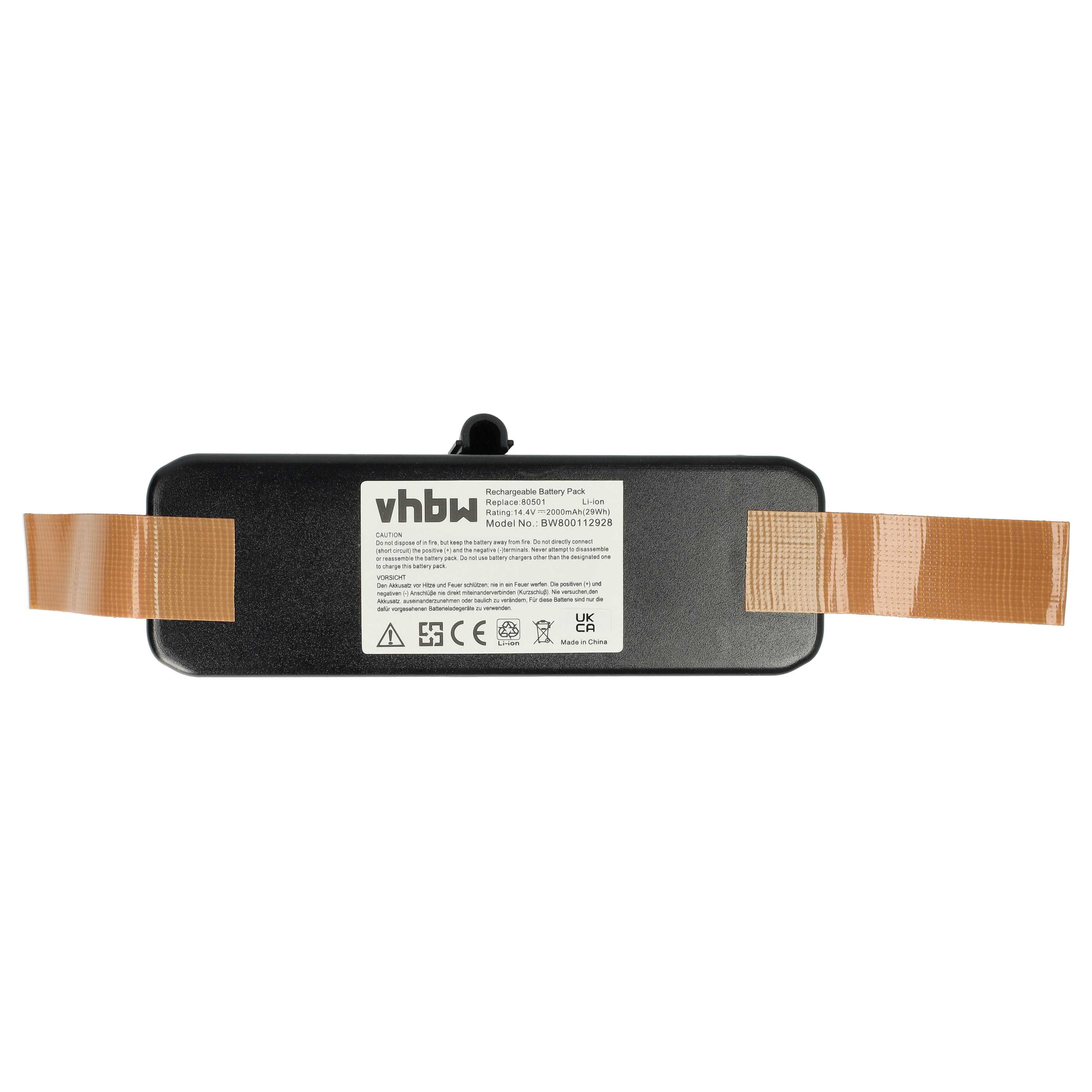 Schwarzer Akku mit braunem Klebeband. Text auf der Packung enthält 'vhbw' und Warnungen. Weißer Hintergrund.