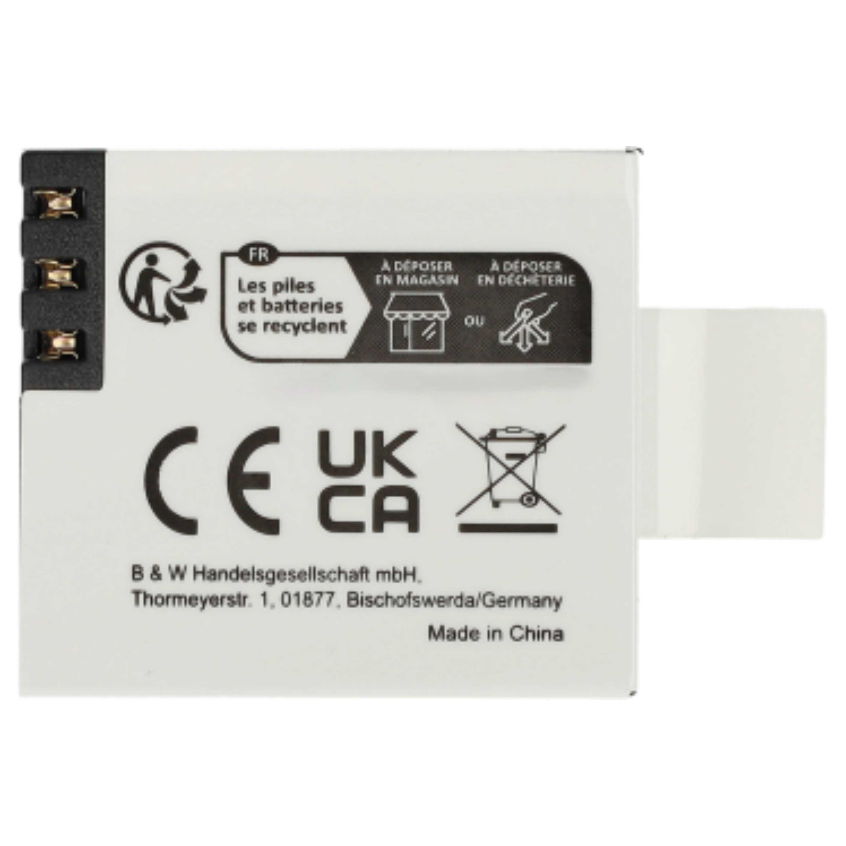 Eine weiße Batterie mit Symbolen für Recycling, CE, UK CA und einem durchgestrichenen Mülleimer. Text auf Französisch und Deutsch.