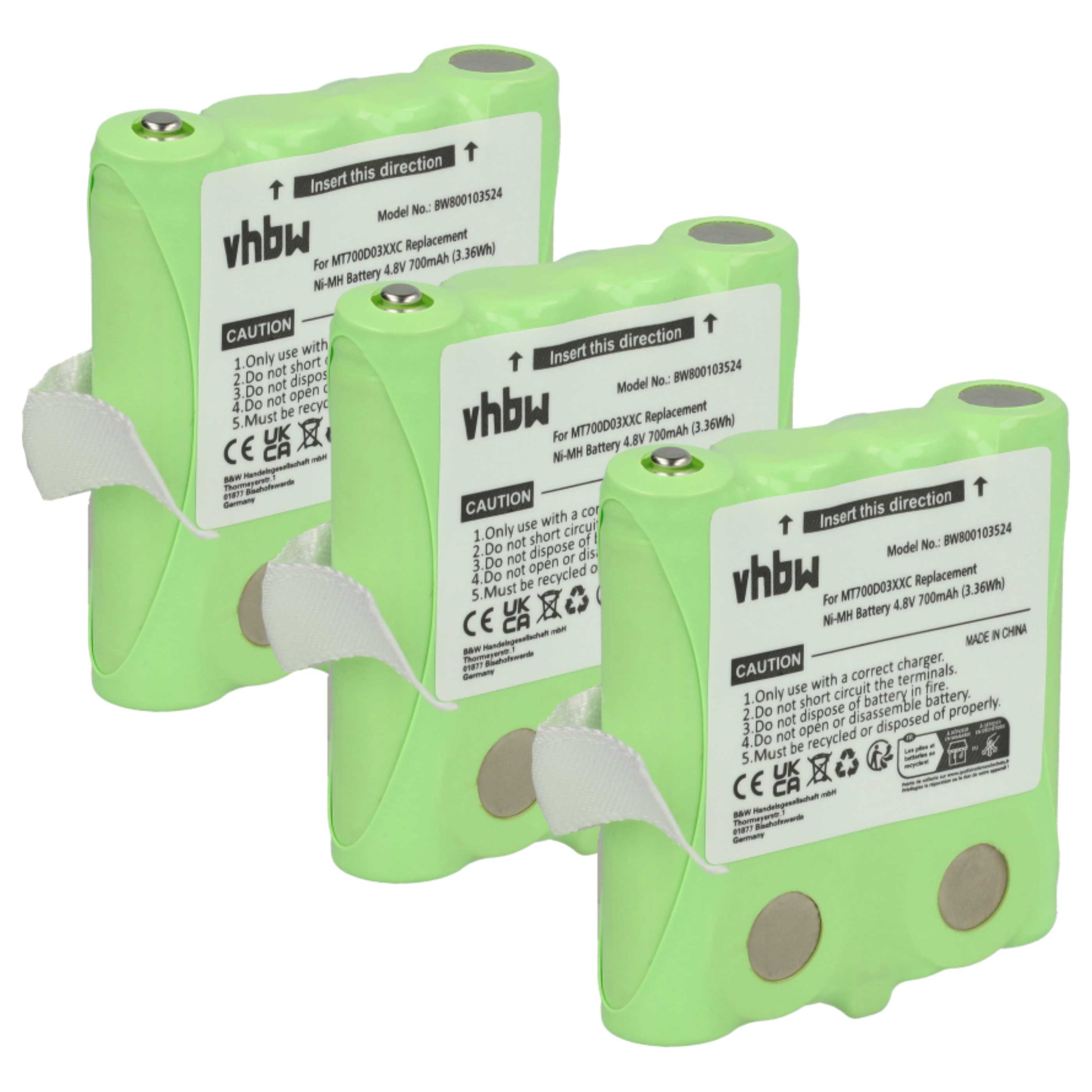 Drei grüne vhbw-Batterien mit weißen Etiketten und Warnhinweisen. Die Batterien haben eine zylindrische Form und den Text 'Insert this direction'.
