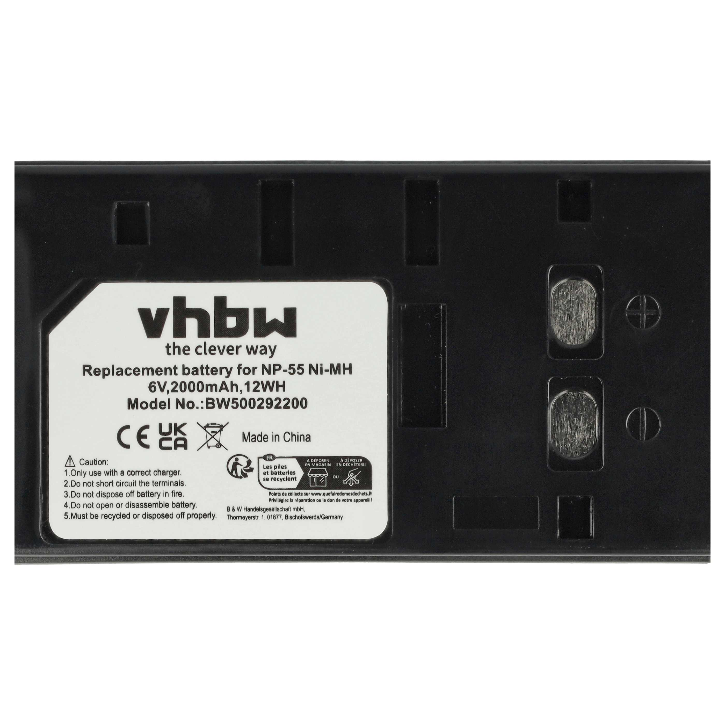 Schwarzer Akku mit weißem Etikett. Text: 'vhbw', 'Ersatzbatterie' und Warnhinweise. CE- und Recycling-Symbole sind sichtbar.