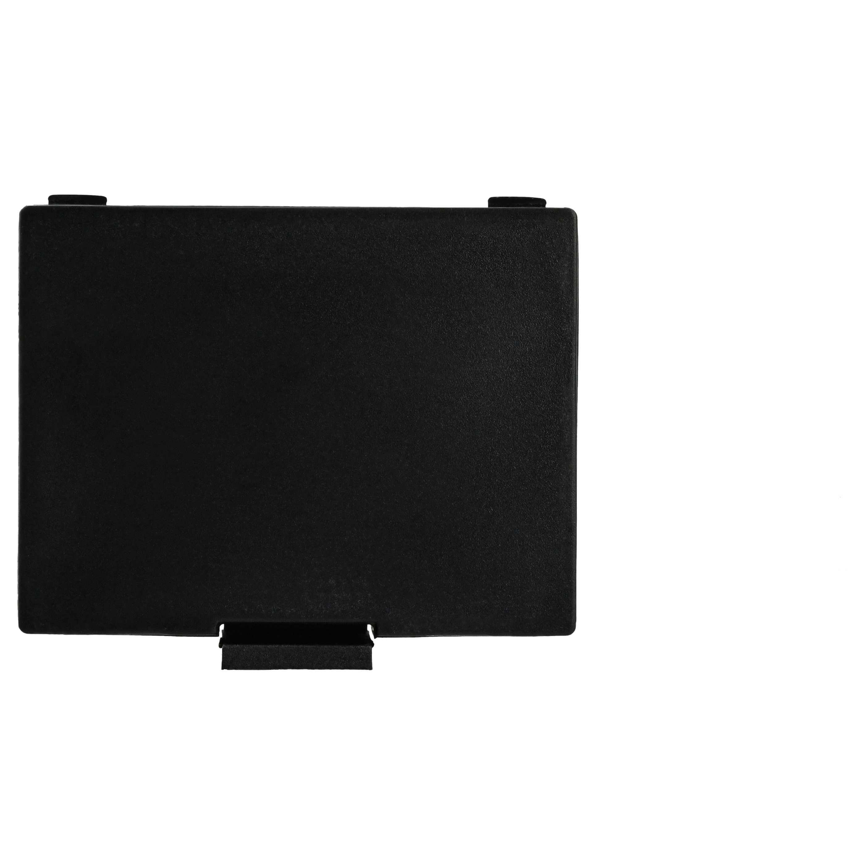 Eine schwarze, rechteckige Batterieabdeckung auf weißem Hintergrund. Die Abdeckung hat zwei Laschen oben und eine unten.
