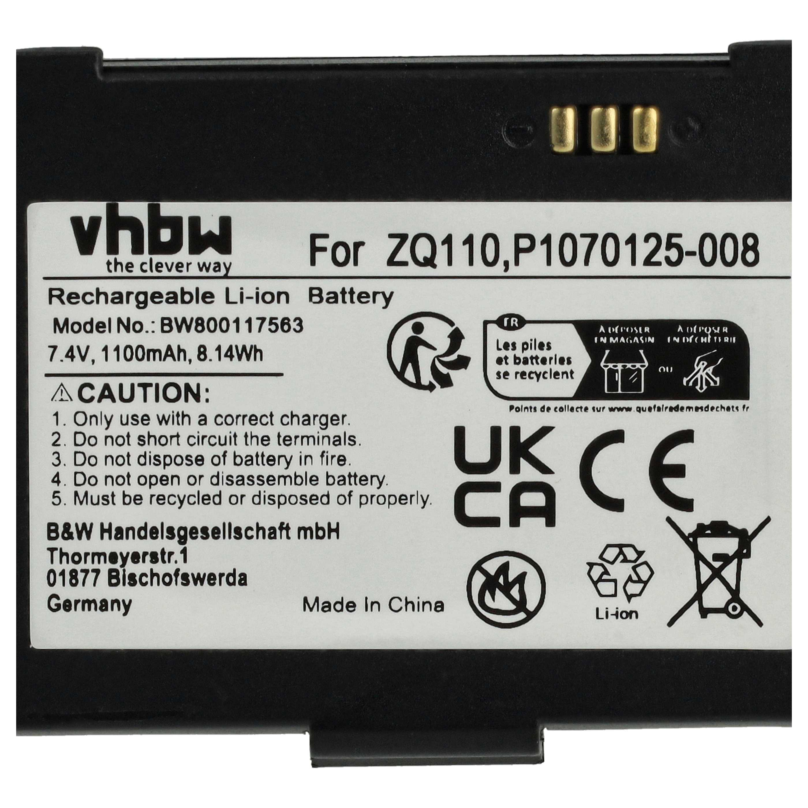 Ein Batterieetikett mit Text und Symbolen. Es enthält Warnungen, Modellinformationen und Recyclinganweisungen. Hergestellt in China.