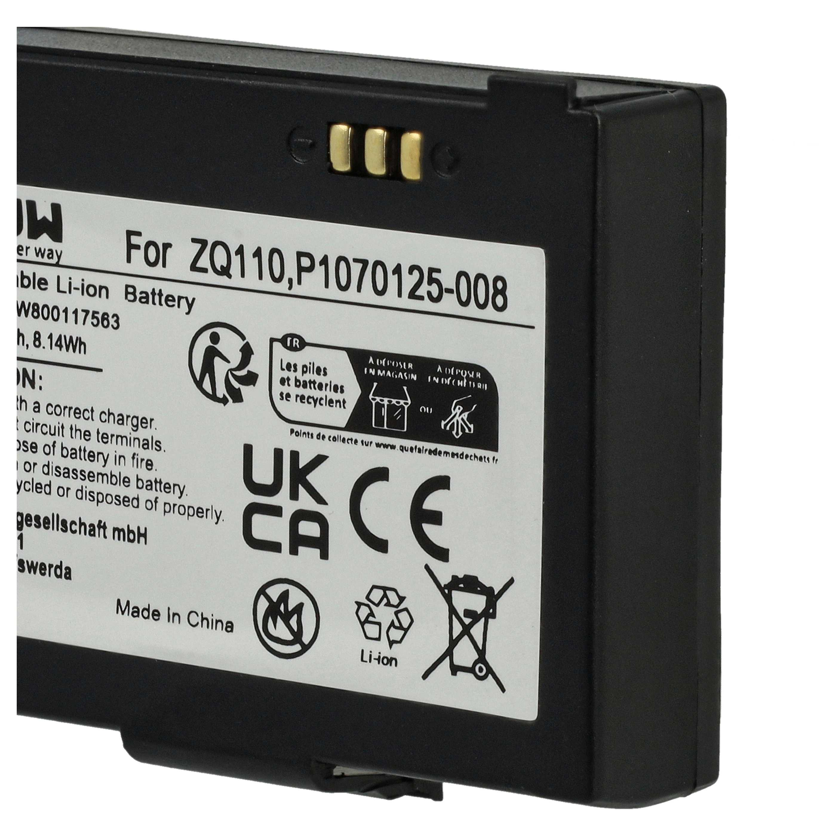 Schwarzer Akku mit weißem Etikett. Text enthält 'Li-ion Battery', Warnhinweise und Recycling-Symbole. 'Made in China' ist ebenfalls vorhanden.