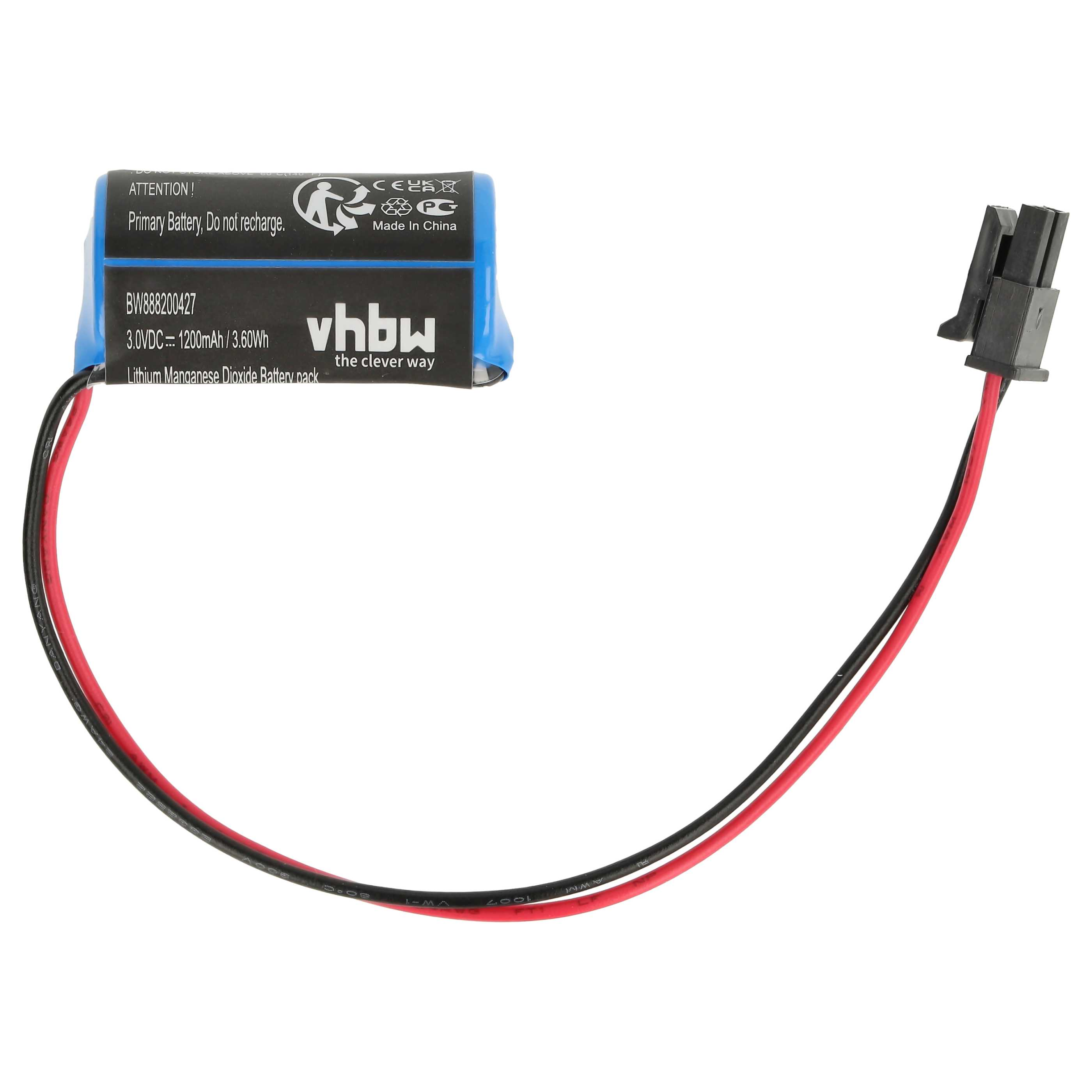 Ein Akku mit schwarzen und roten Drähten wird angezeigt. Die Batterie ist blau und schwarz mit weißem Text. Rechts befindet sich ein schwarzer Stecker.