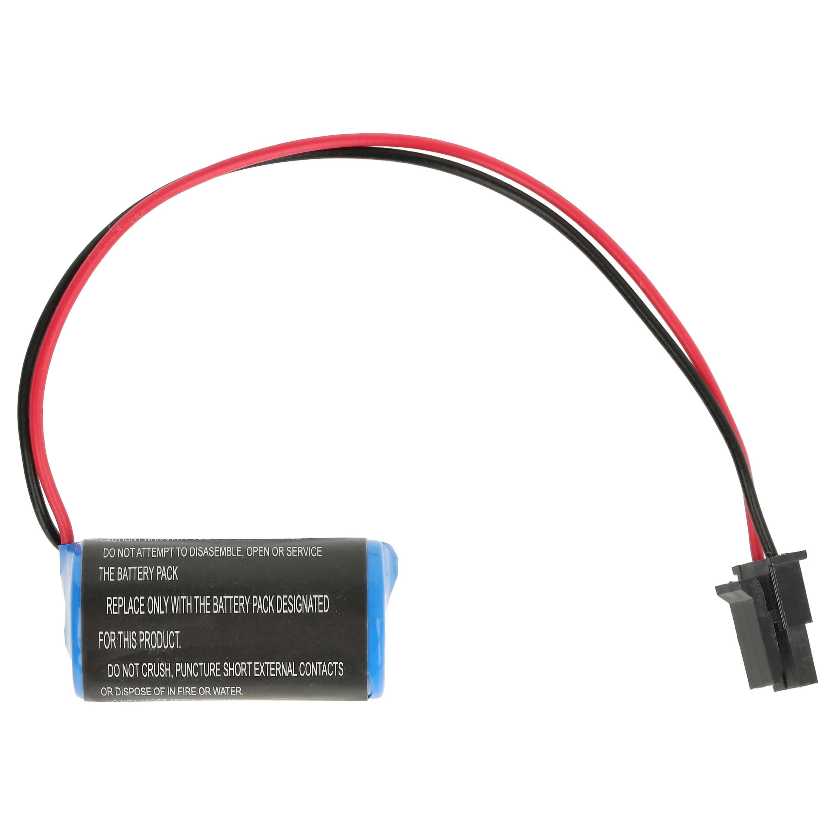 Ein Akkupack mit roten und schwarzen Drähten. Es hat eine blaue Basis und einen schwarzen Stecker. Text ist auf dem Pack sichtbar.