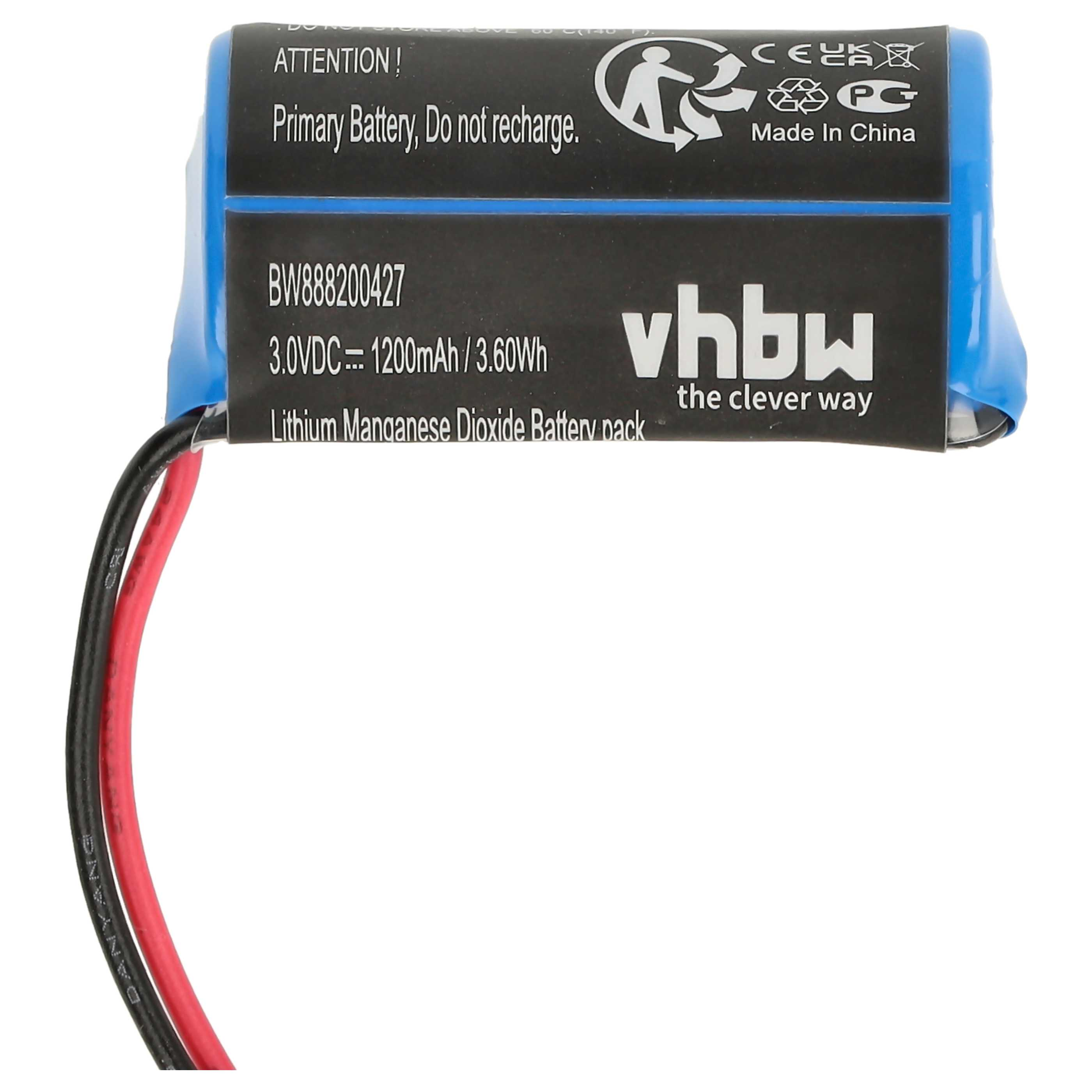 Ein blau-schwarzes Akku-Pack mit rot-schwarzen Drähten. Text: 'Primary Battery' und '3.0VDC'. Die Marke ist 'vhbw'.